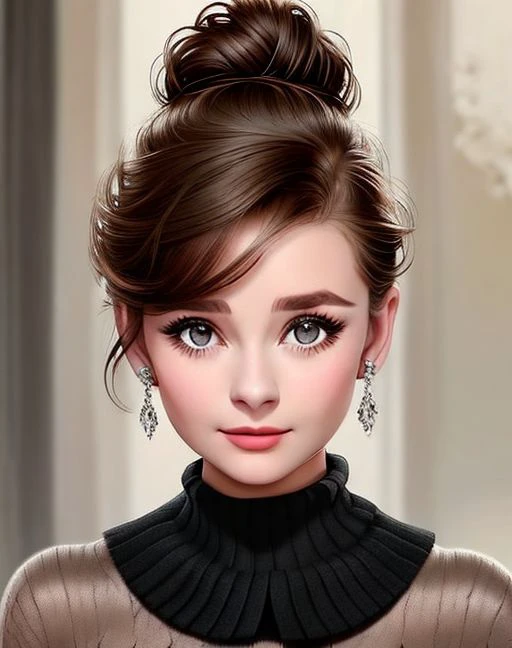 1girl, updo brown hair, eyelashes, black sweater, necklace, <lora:audery2:0.75>