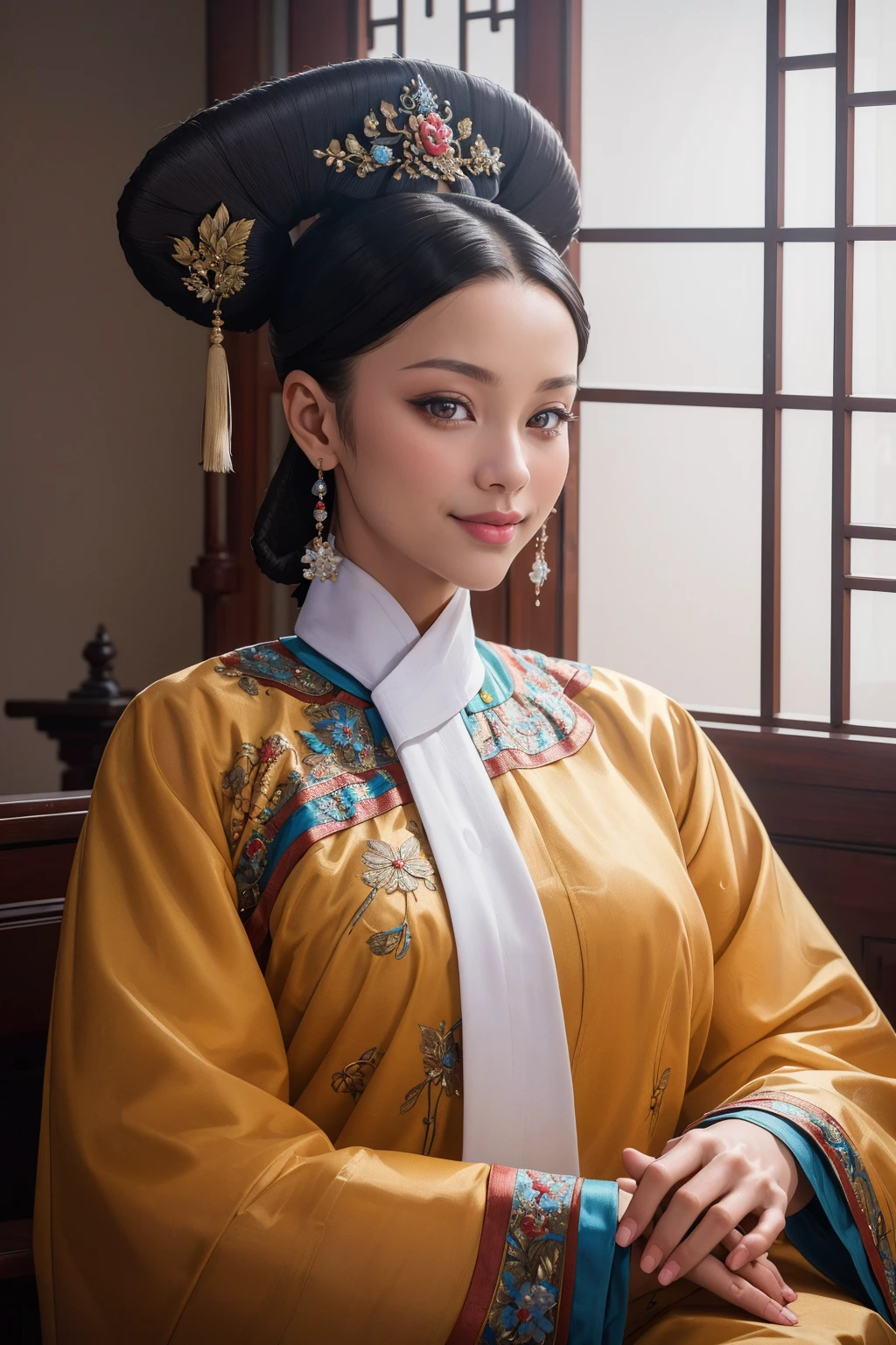 ((Masterpiece, best quality, edgQuality)),smile,
qingchao, a woman in a traditional chinese dress poses for a picture , woman wearing a qingchao_dress, qingchao_haircut, qingchao_scarf
 <lora:edgQingChaoRediscovery-000002:1>