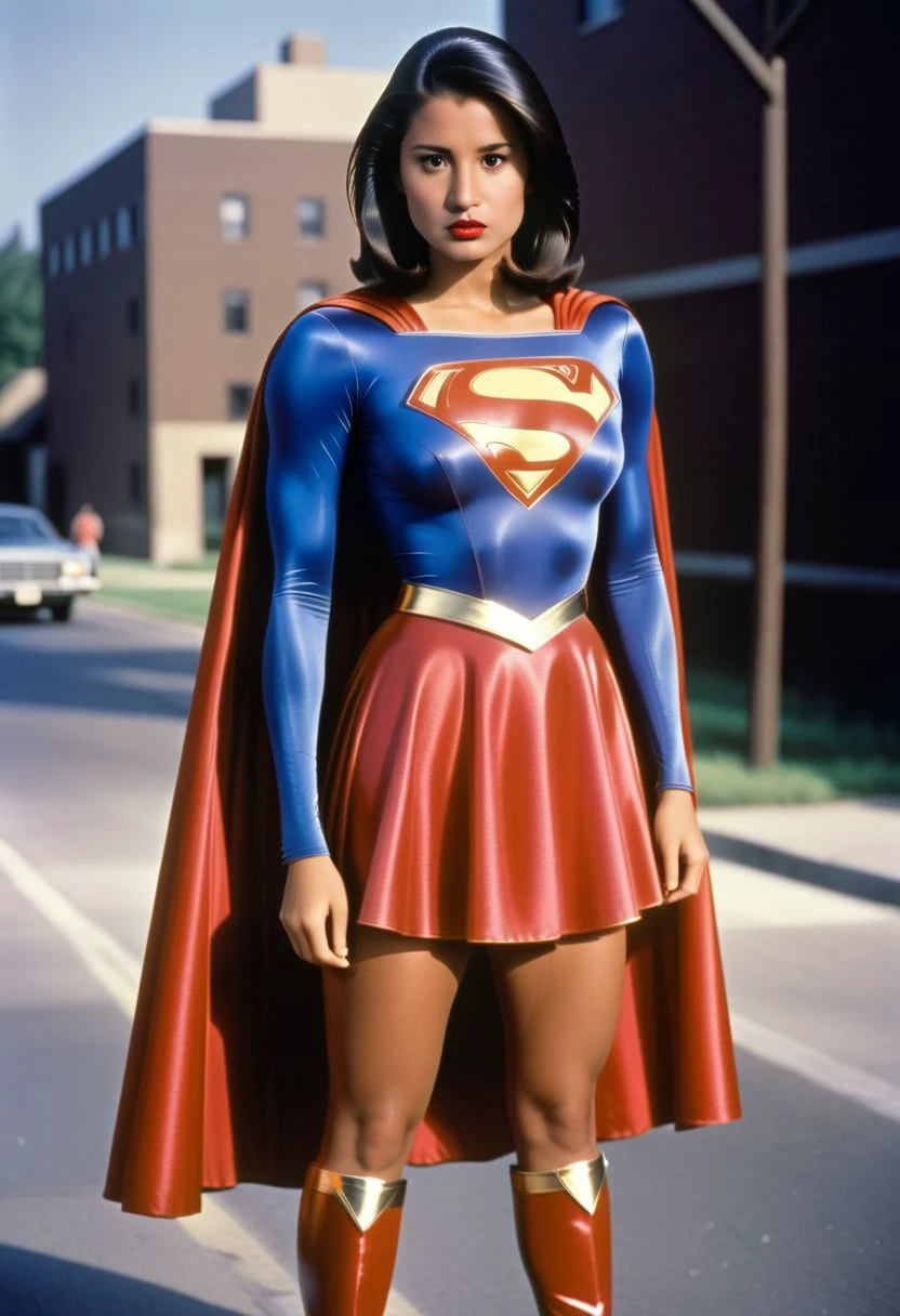 Ellie, alone, 20-year-old woman, side-parting voluminous straight shoulder-length haircut, tanned-skinned, raven hair, brown eyes, wearing 1980s supergirl costume, red lipstick, , slim body, neutral facial expression, standing side-on, both arms down by sides, looking-just-off-camera, in urban street, almost-full body photo, hyperdetailed photography
