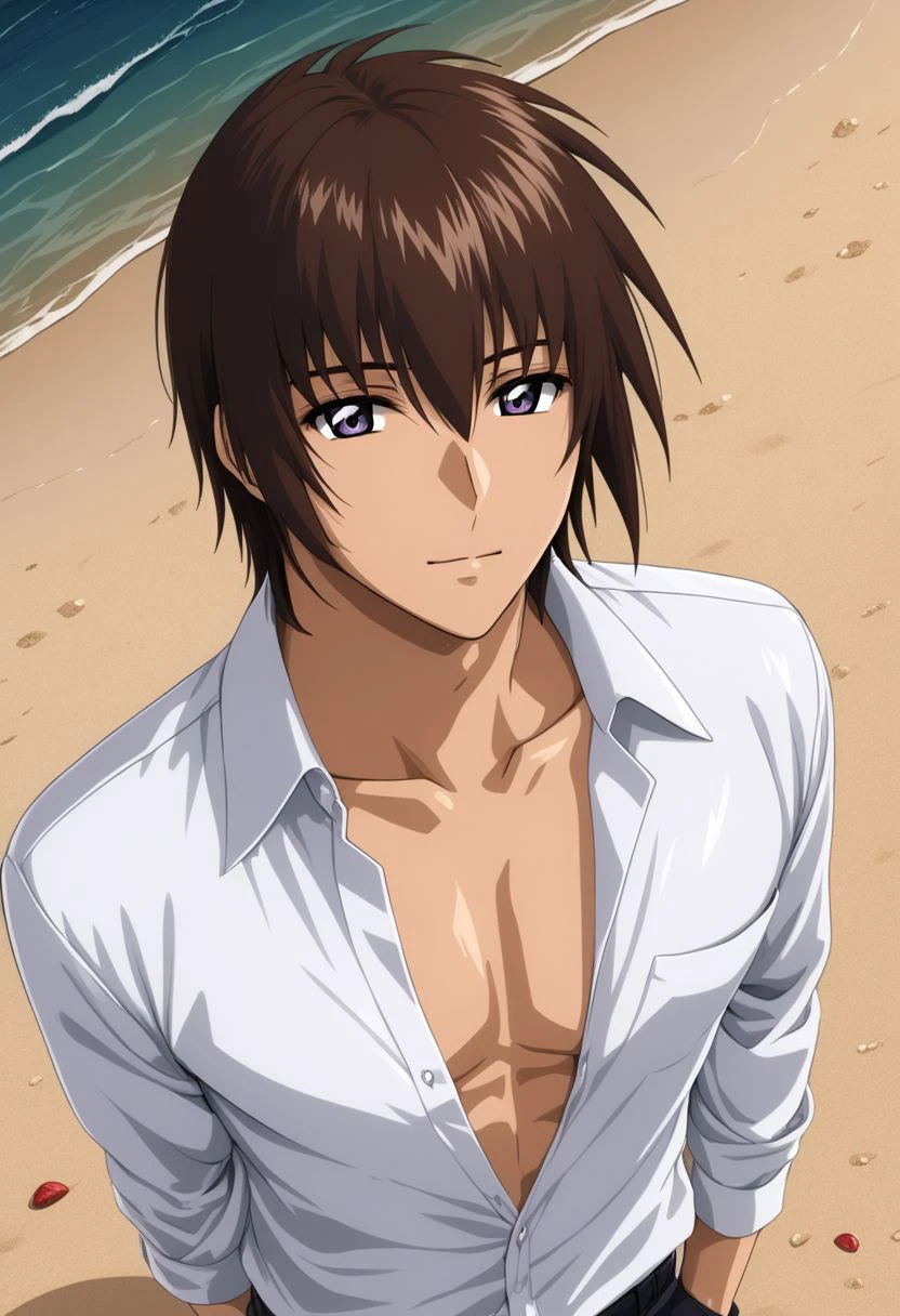 ASCII kira_yamato, hair parting left, 1man, mature adult male focus, white open shirt, solo, slim, thin waist, warm beige skin, brown hair,
detailed symmetric glossy eyes, expressive eyes, large purple eyes, looking at the viewer,
sexy posing, in a beach, sweaty, 
full body portrait,
masterpiece, best quality, ultra high res, intricate detail, clamshell warm lighting