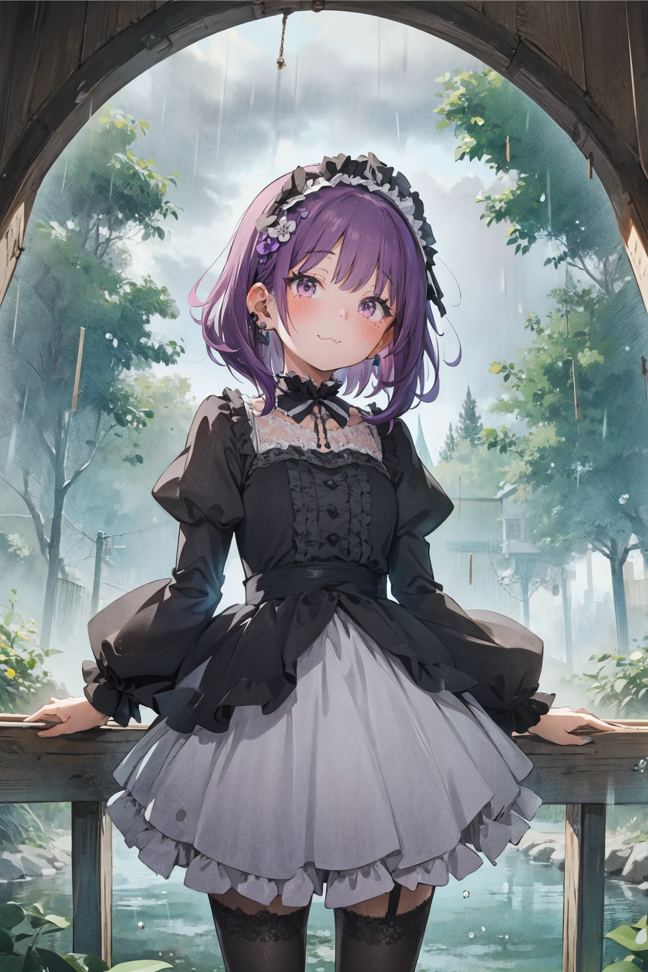 (masterpiece, top quality, extremely detailed, best quality, beautiful and aesthetic:1.2), (1girl:1.3), official art, solo, high resolution, <lora:eitopondo+NAI3-000010:1> eitopondo+, adult, earrings, gothic dress, headdress, frilled, puffy sleeves, hair flower, garter, from below, river, raining, leaning on object, :\3, crossed bangs, medium hair, straight hair, purple hair