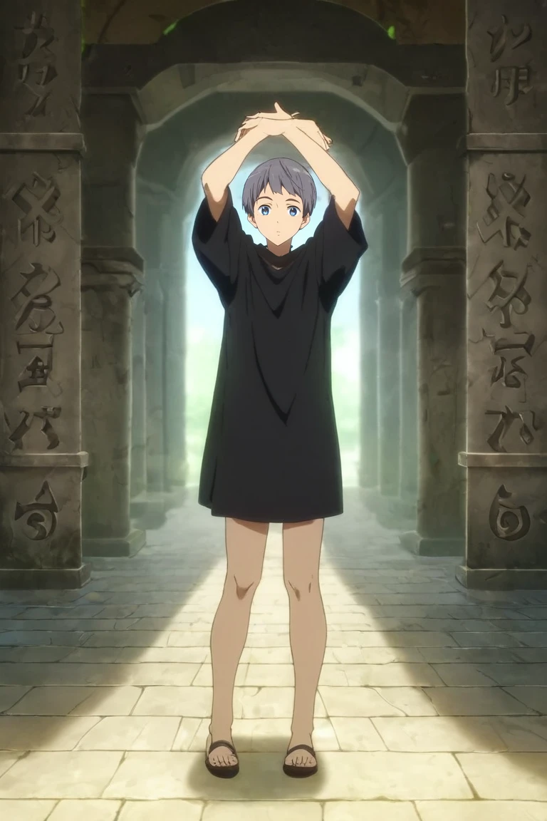 score_9, score_8_up, score_7_up, source_anime, rating_safe, , anime screencap, anime coloring, , , , 1boy, solo, male focus, <lora:aiichirou_nitori_pony:0.98>, aiichirou_nitori, grey hair, blue eyes, , from afar, full body, ancient ruins, day, arms up, sparkling eyes, , <lora:sdxl_lightning_8step_lora:1>