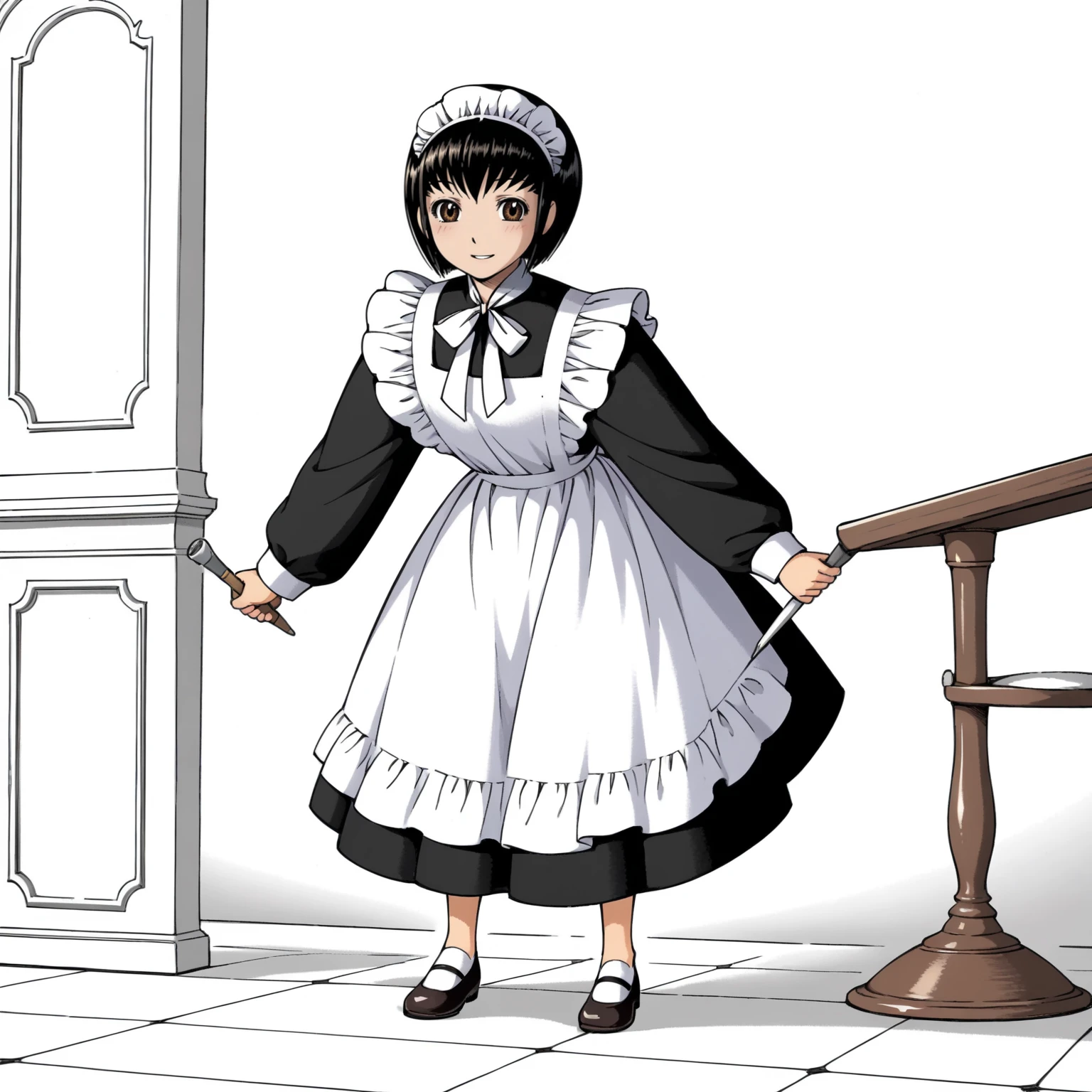 <lora:ShirleyMXLpony001>,
smile,
solo,
ShirleyM,1girl,black hair,bob cut,brown eyes,
maid,long_sleeves,
full body,standing,leaning_forward,