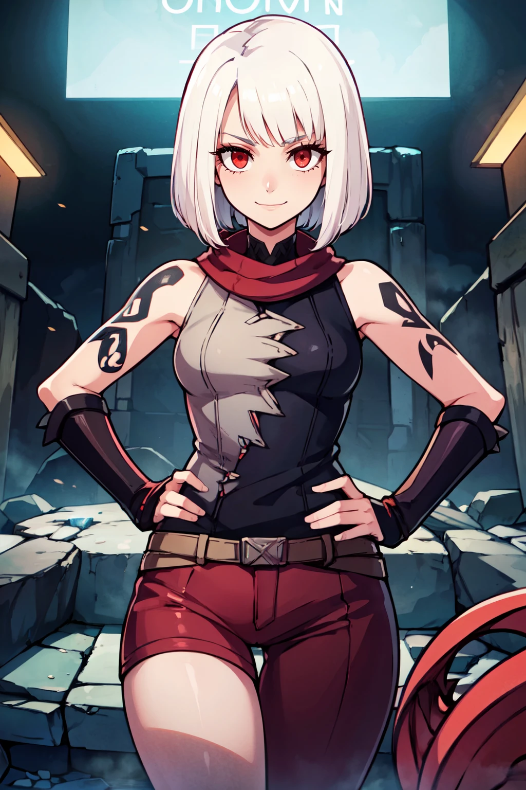 ((masterpiece,best quality)), absurdres, <lora:IllyasvielVonEinzbern_v1:0.8>, zzIllya, white hair, red eyes,, as a ((monster hunter)) with ((angled bob haircut)) Blending sci-fi, cyberpunk, and glowing tattoos with futuristic weapons, inside a crystal cavern, sleeveless top, beige color, snug fit, shorts, sitting pink chair, white wall, 'VILLAGE' sign, outdoor setting standing straight, hands on hips, direct gaze by, ,solo, smiling, looking at viewer, cowboy shot,