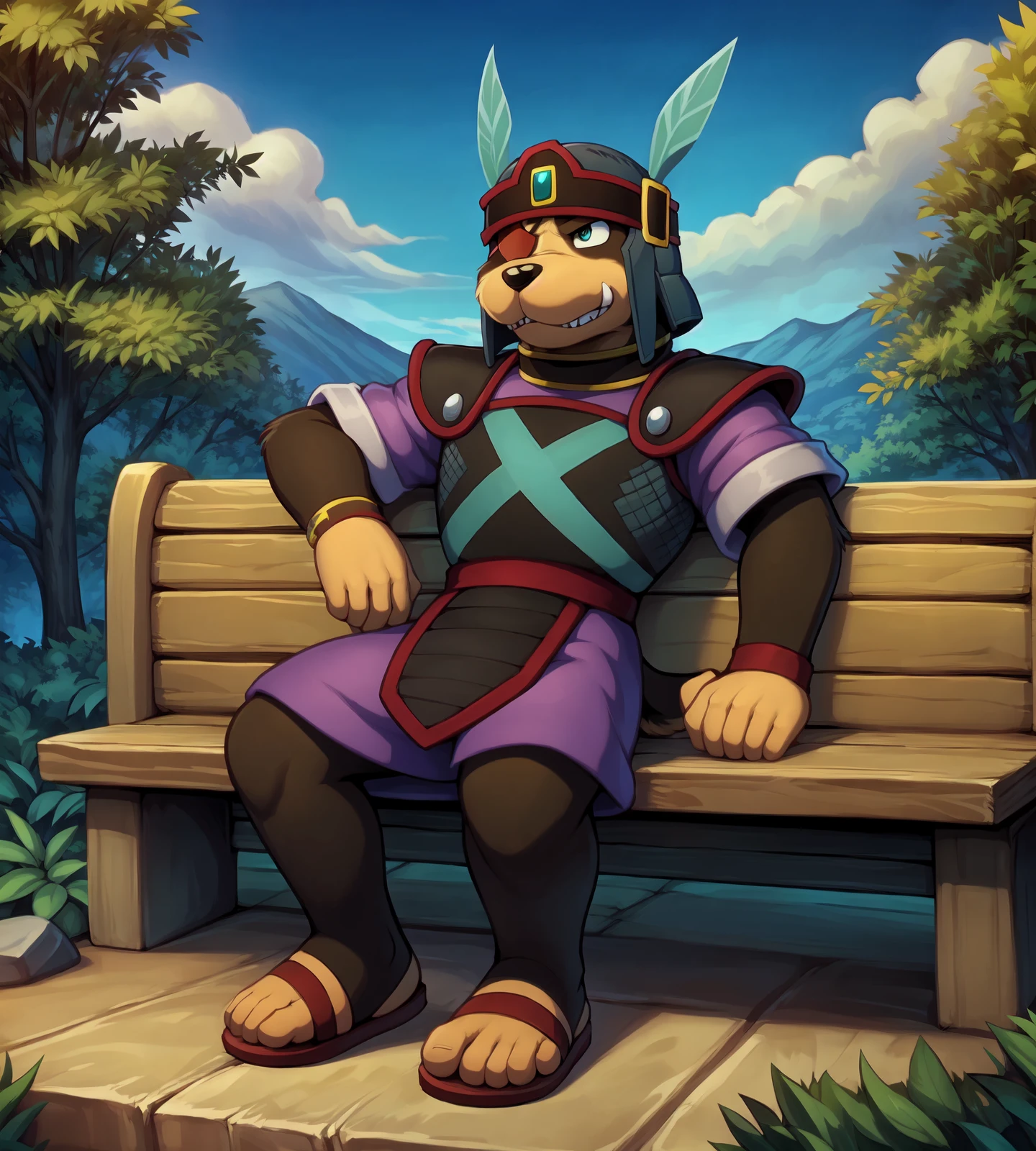 this photograph depicts a sab3ru resting on a stone bench, sab3ru,tunic, eye patch, scar, detailed teal eyes, solo, tail, canine teeth,sandals,helmet, spear, 5 fingers, fur, sitting, domestic dog, detailed fur,mammal,male,canine, anthro,relaxed, light smile, 4k, hi res, insanely detailed, detailed background, outdoors,medieval village, by braeburned, by sky gomi,by sigma x, by zackary911,  by ivan-jhang, by inumania, by nurinaki, by spiritd, by nawka, <lora:sab3ru_YMv2:0.9>