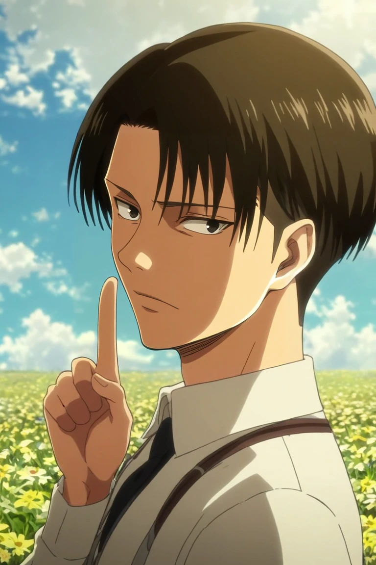 score_9, score_8_up, score_7_up, source_anime, rating_safe, , anime screencap, anime coloring, , , , 1boy, solo, male focus, <lora:levi_ackerman_pony:0.82>, levi_ackerman, black hair, black eyes, short hair, curtained hair, final season, from side, flower field, flowers, day, clouds, index finger raised, giggling, , <lora:sdxl_lightning_8step_lora:1>