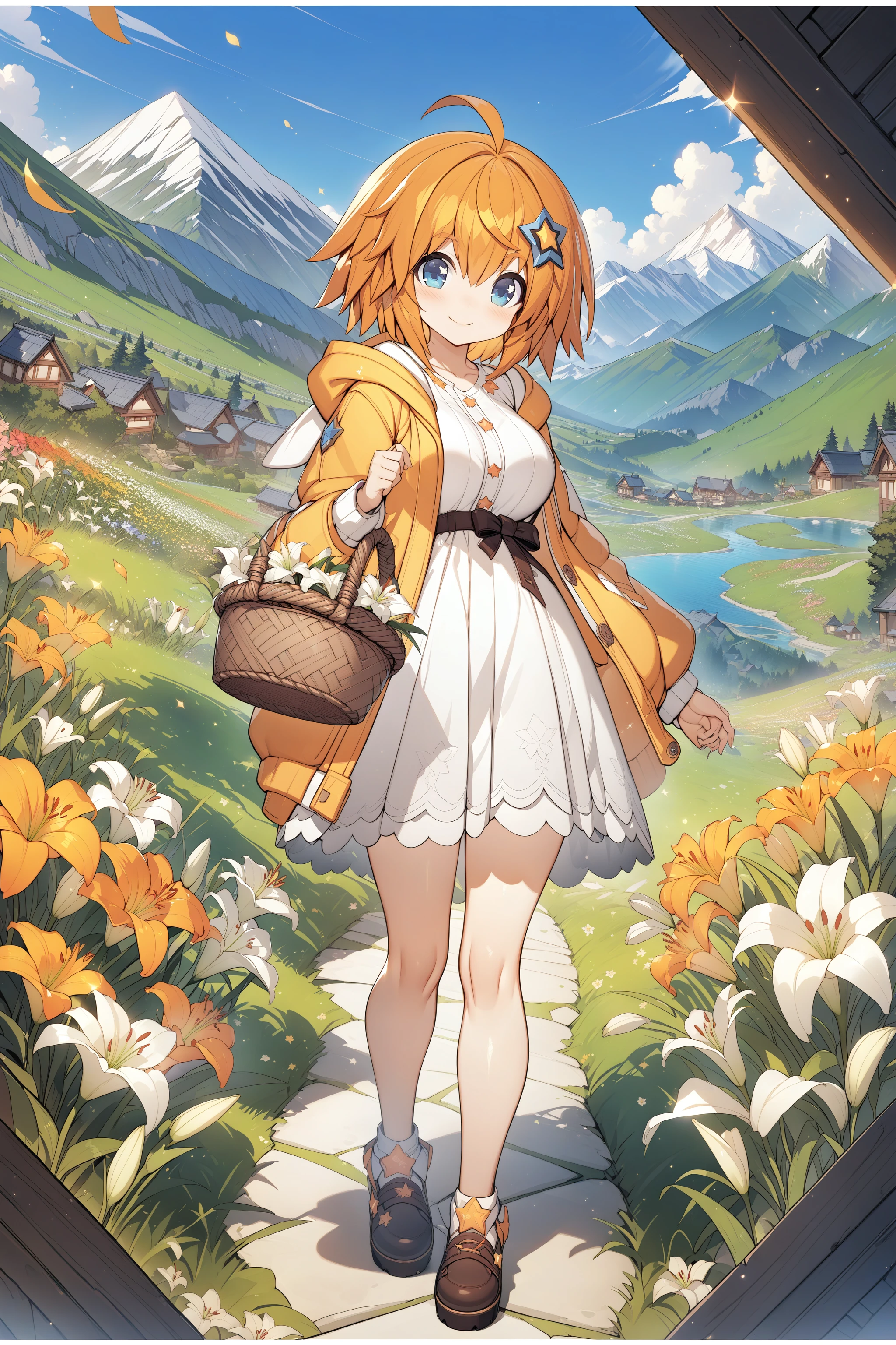 , masterpiece, absurdres, high detail, official art, 8k,
highland, mountain, sky, flower garden, lily \(flower\), wind, full body,
standing, holding lunchbox, basket, smile,
, young girl, tkle, orange hair, short hair, star hair ornament, hooded jacket, white dress shirt,
<lora:XL_Animagine_uchihime-twinkle-t1:0.9>
