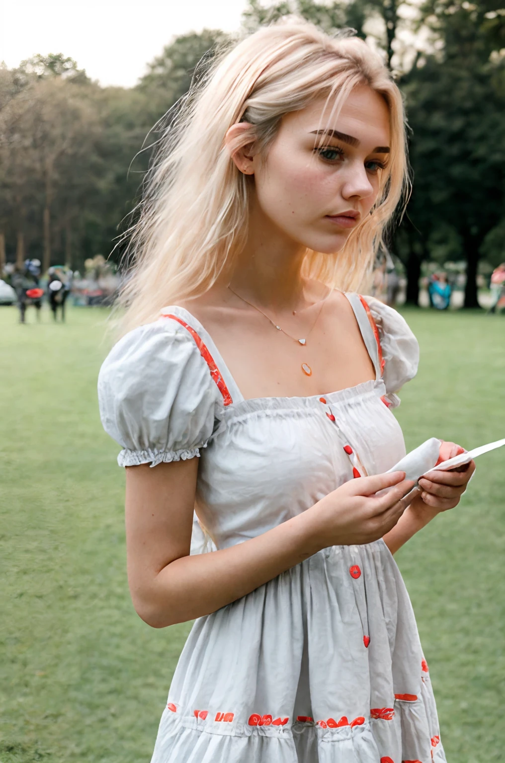 neysasynth, realistic, woman, wearing a cotton dress, in the park