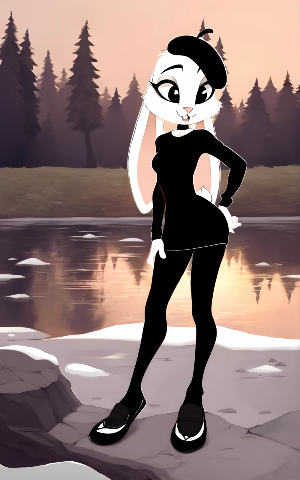 score_9, score_8_up, score_7_up,((best quality)),((full body)), absurdres,<lora:3d-2d:0.8>, <lora:LeroseSDXL:0.8>,LeroseSDXL,choker,black eyes, beret,sweater,rabbit girl, pantyhose,white fur, white skin,animal nose, furry, furry female,animal ears,black sweater,leggings , black leggings, black footwear,country side,outside,river,slim