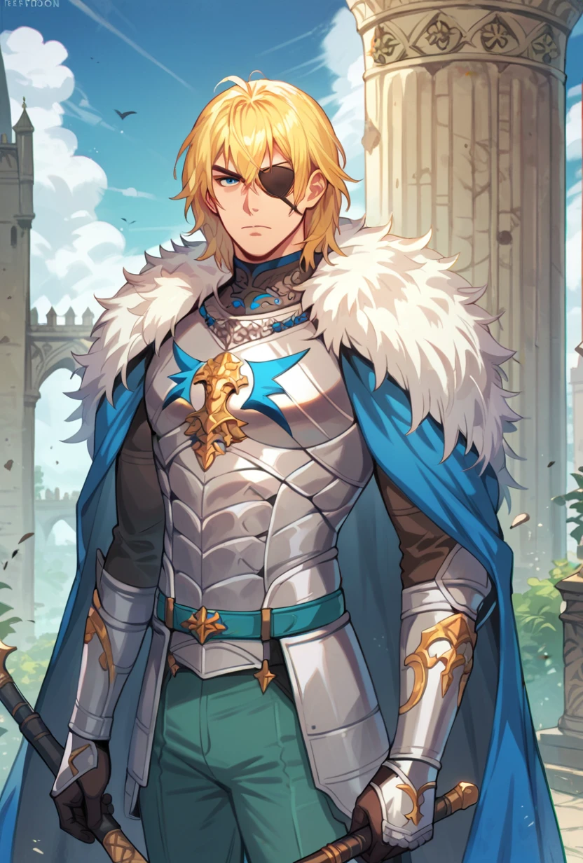 score_9, score_8_up, score_9, score_8_up, dimitrife, dimitribrave, 1boy, solo, blonde hair, medium hair, messy hair, eyepatch on right eye, blue eyes, white fur trim, armor, teal pants, serious, looking at viewer, castle, outdoors, ruins