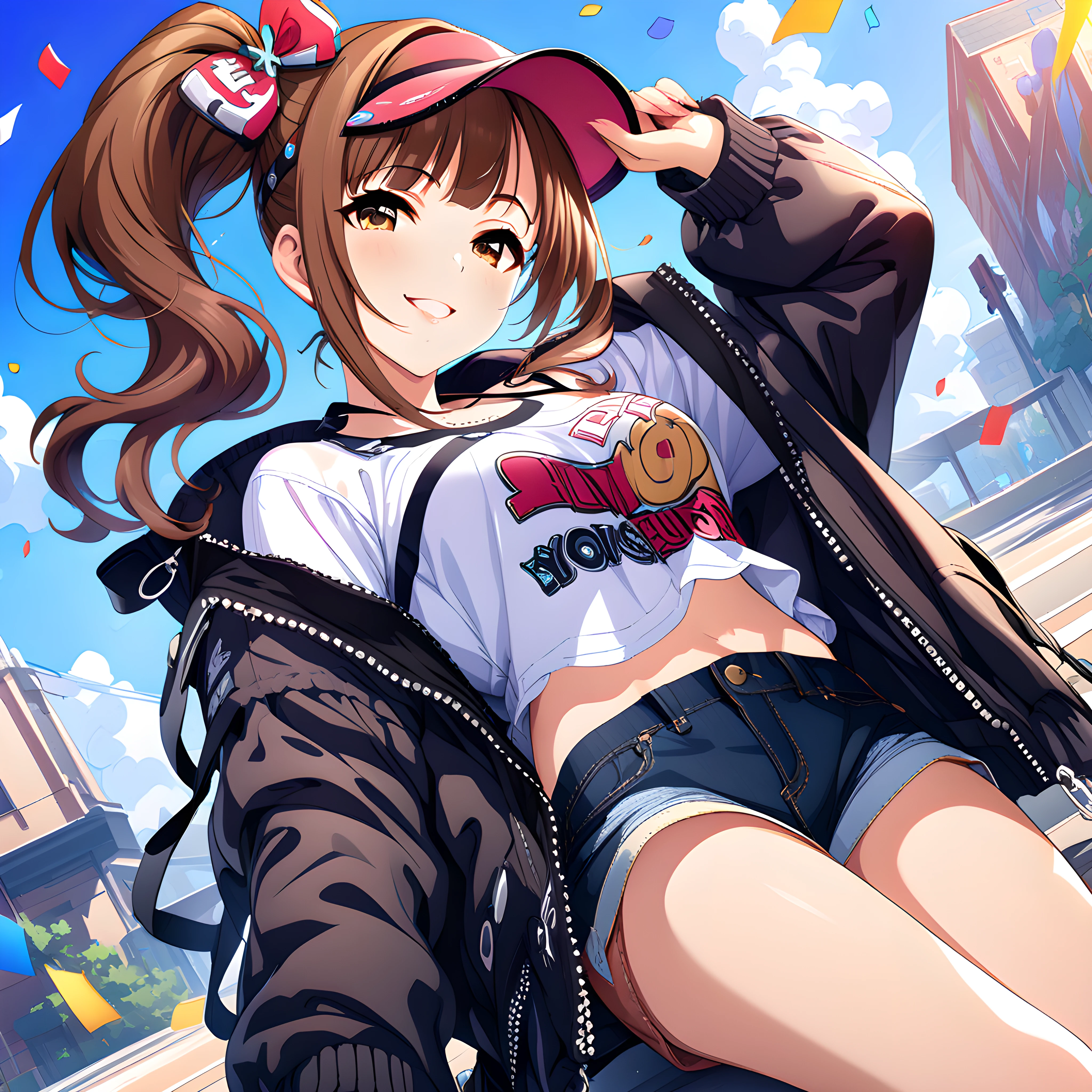 (masterpiece),(best quality),(ultra-detailed),(best illustration),(best shadow),(absurdres),(detailed background),(very aesthetic)kyoko igarashi, casualoutfit, 1girl, solo, brown hair, side ponytail, jacket, smile, visor cap, confetti, blue sky, shorts, seductive smile, pink lips, <lora:Kyoko_Igarashi__äºååµé¿å­_-_The_Idolmster_Cinderella_Girls__ã¢ã¤ãã«ãã¹ã¿ã¼ã·ã³ãã¬ã©ã¬ã¼ã«ãº_SDXL_Animagine_XL_3.1:1>