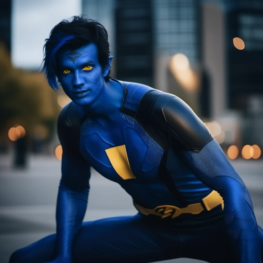 cinematic photo cinematic photo a man with blue body paint, yellow eyes, blue snake tail, black superhero suit <lora:NightCrawler1024:0.8> . 35mm photograph, film, bokeh, professional, 4k, highly detailed . 35mm photograph, film, bokeh, professional, 4k, highly detailed