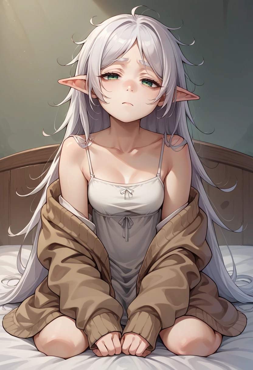 score_9, score_8_up, source_anime, 1girl, solo, FrierenSleepwear, green eyes, white hair, long hair, messy hair, white dress, spaghetti straps, sleeveless dress, brown cardigan, seiza, kneeling, on bed, tired, <lora:ChamFrierenPonyXLCame-000008:1>