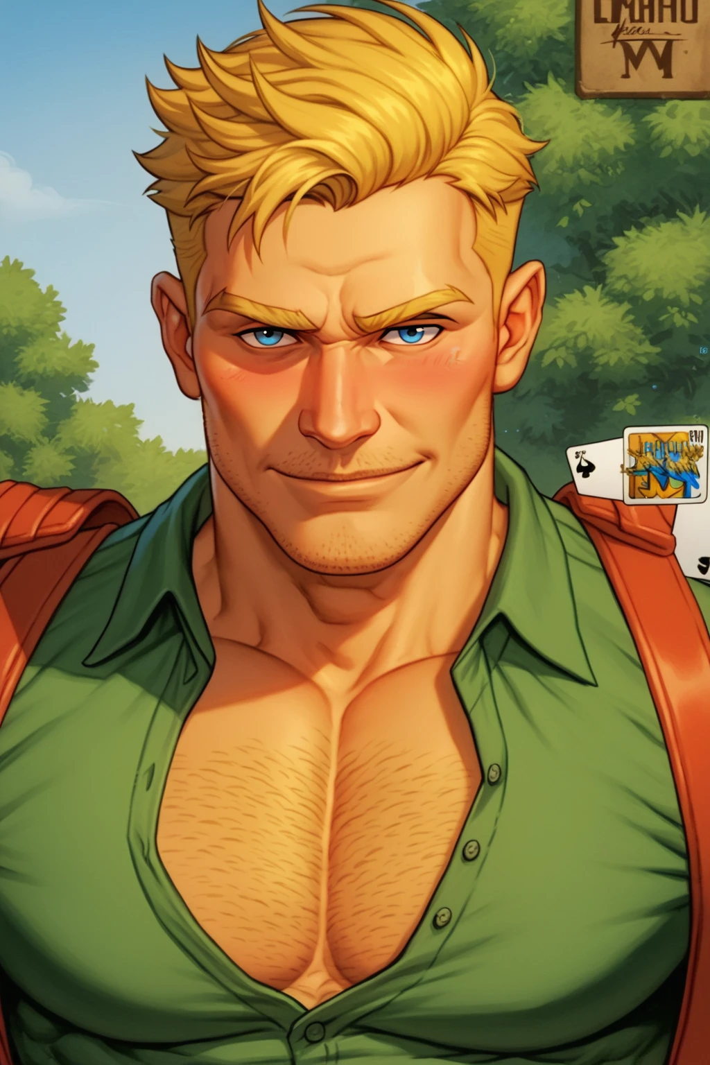 PonyXLV6_Scores , dsktrdcardxl, 1boy, backpack, bag, bara, blonde hair, blue eyes, blush, brown shirt, chest hair, collared shirt, facial hair, green shirt, looking at viewer, male focus, mature male, muscular, muscular male, pectoral cleavage, pectorals, shirt, short hair, sideburns, outdoors, outback australia, smile, solo, stubble, upper body, traditional media, trading card , 