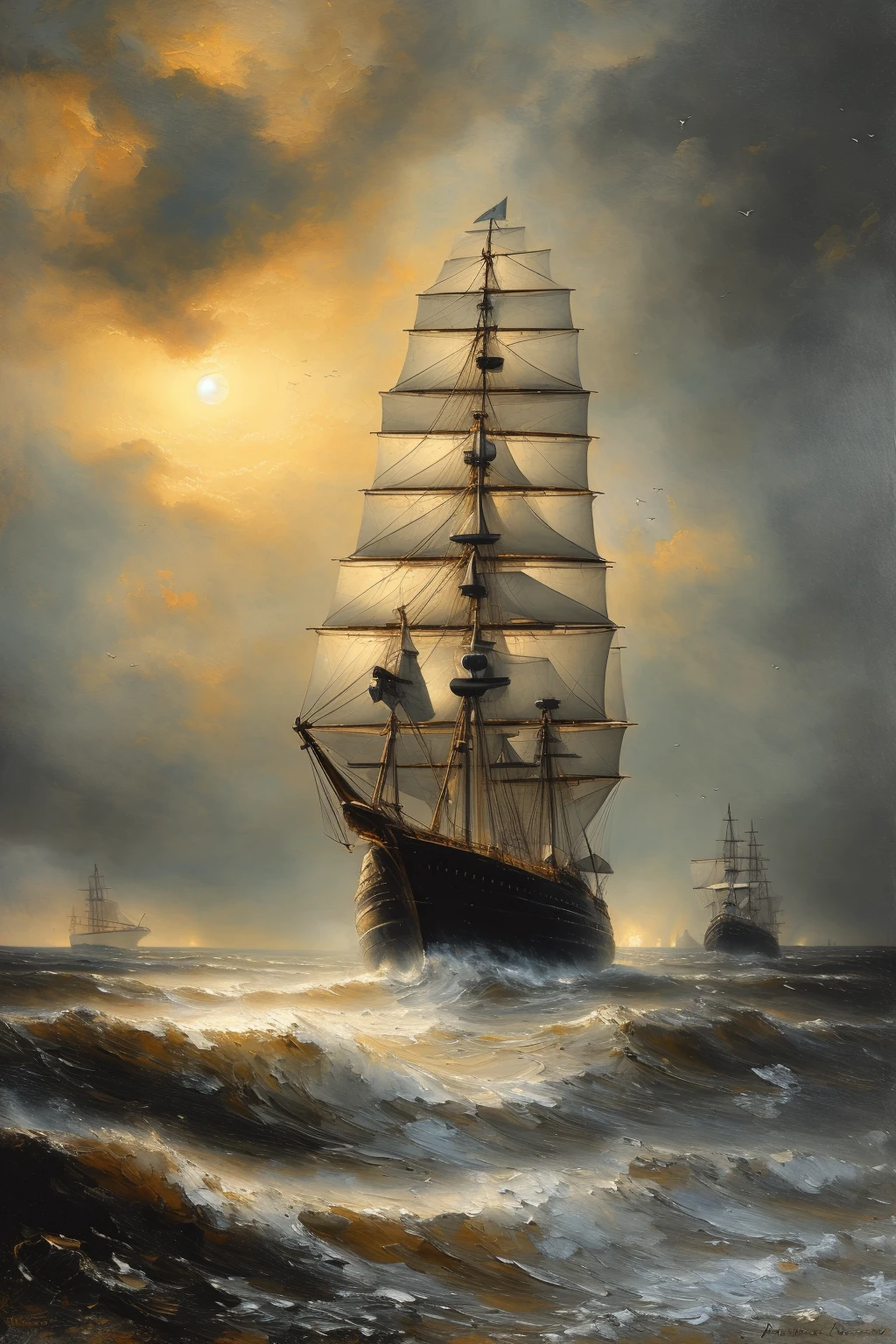 masterpiece,best quality,<lora:tbh102-:1>,oil painting,illustration,ship,ocean,style of Andreas Achenbach,