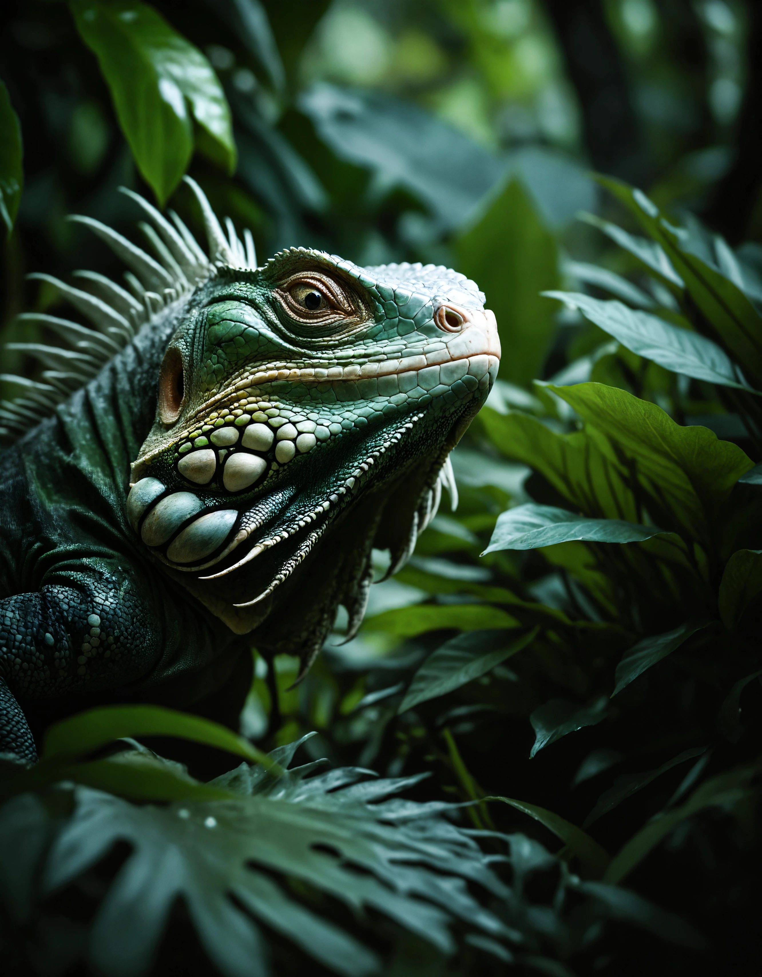 Animalfocus, nature shot with wide shot of a dark jungle scene,face of a iguana hiding between the bushes,nightfall,dimmly lit,intense gaze,tension,perfect composition,masterpiece,best quality,
