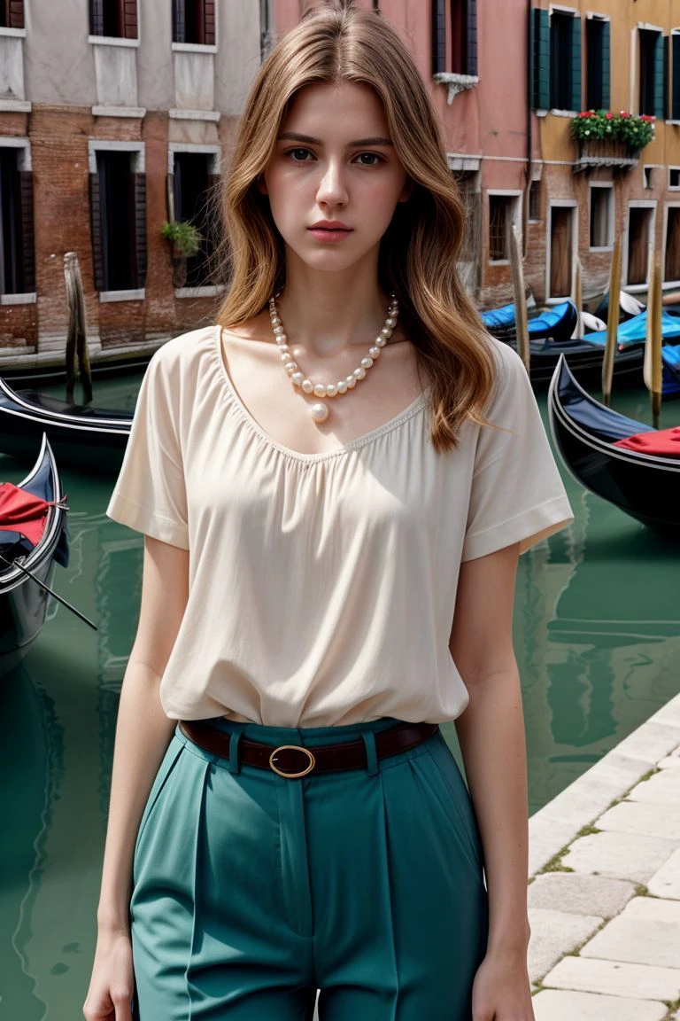 <lora:kawaii7.1.3_obj20:0.75:0.25>, European woman, closeup, (shirt), pants, (venice canals), pearl necklace , ZM_afet, wide shoulders, perfect face, (contact iris: 1.1), pale skin, skin pores , depth of field
