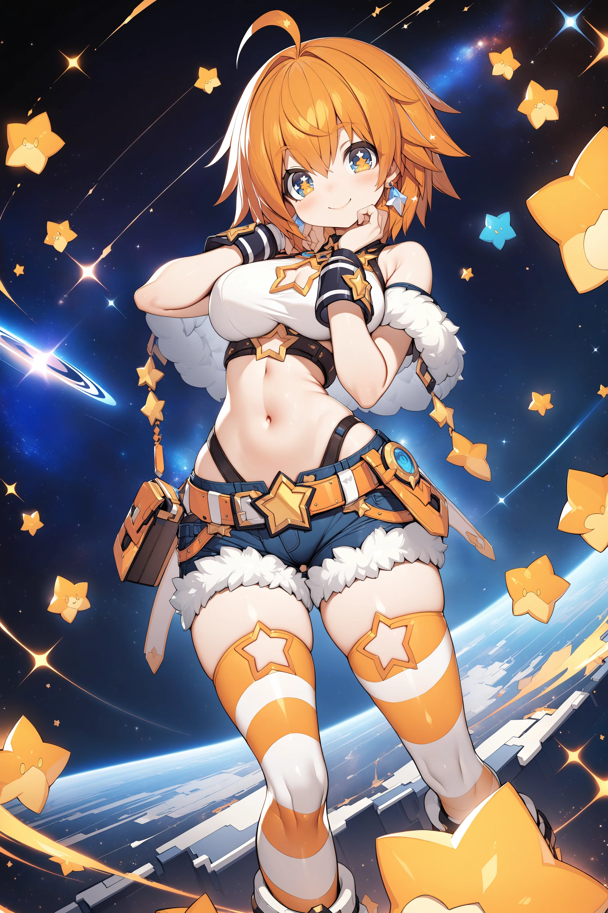 , masterpiece, absurdres, high detail, official art, 8k,
space, galaxy,
standing, hand on own cheek, smile, star-shaped pupils, star \(symbol\)
young girl, tkle, orange hair, short hair, earrings, white shirt, bare shoulders,  star cutout, navel, denim, short shorts, fur-trimmed shorts, belt, wrist cuffs, striped_thighhighs, jewelry
<lora:XL_Animagine_uchihime-twinkle-t1:0.9>