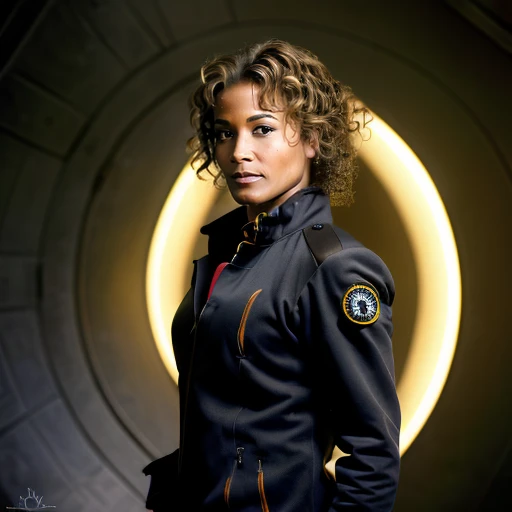 (masterpiece,4k), ((((1girl:1.2)))), a portrait of <lora:rachelLu:0.9> , looking behind camera, perfect_hands, background inpired from tv serie stargate atlantis