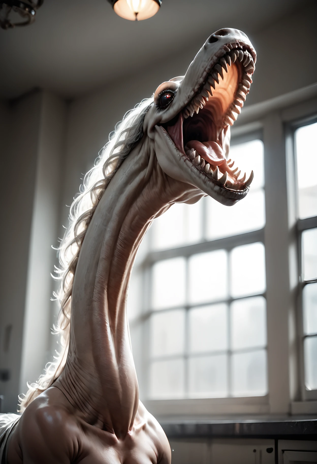 dark and moody photograph, victorian woman with long neck, dim lighting, 4k, detailed,
bokeh, window in background, white light, mental hospital, excessive pubic hair, split mouth, horror, long teeth, evil mouth,
score_9, score_8_up, score_7_up, score_6_up, score_5_up, score_4_up,
<lora:Astraali_EQR_pony:1>