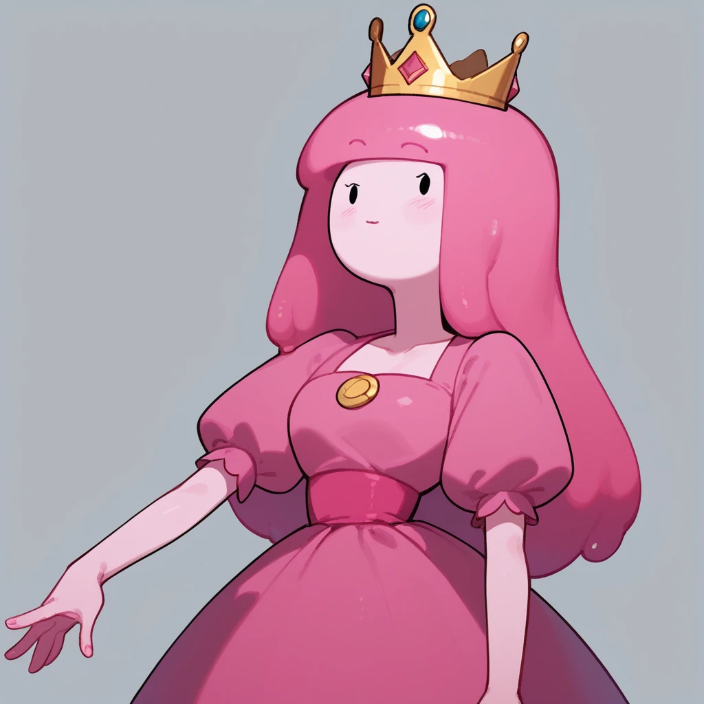 score_9, score_8_up, score_7_up,source_cartoon,princess bubblegum from adventure time,pink skin,(flat cartoon), 1girl,[masterpiece], dot eyes,pink dress ,crown