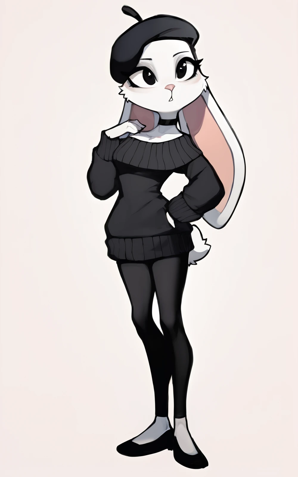score_9, score_8_up, score_7_up,((best quality)),((full body)), absurdres,<lora:3d-2d:0.8>, <lora:LeroseSDXL:0.8>,LeroseSDXL,black eyes,rabbit girl,white fur, white skin,animal nose, furry, furry female,animal ears,bunny ears,black headwear,choker,black pants, pants,beret,sweater,leggings , black leggings,black shoes,white background,solo,slim,standing