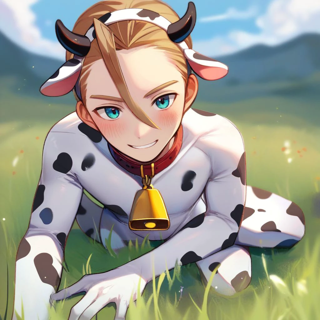 score_9,score_8_up,score_7_up,score_6_up,score_5_up,score_4_up, solo, 1boy, male focus, light brown hair, blue eyes, cow print, white bodysuit, cow print bodysuit, cowbell, fake horns, fake animal ears, cow ears, grass, on grass, smile, blush