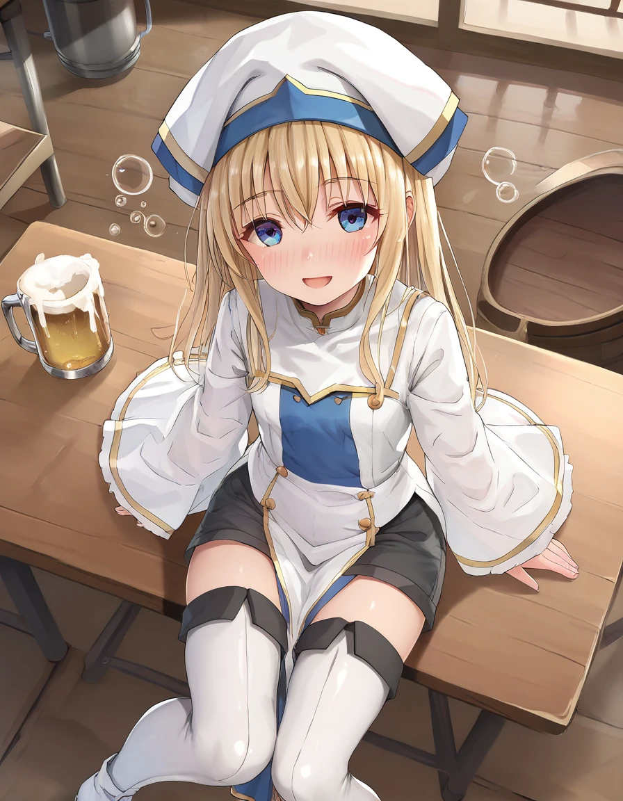 score_9, score_8_up, score_7_up,score_6_up, a girl drunk sitting on a table, from above, smile, open mouth, tavern, beer, food <lora:egami_style_pony6_v1:.9> <lora:priestess_goblin slayer_PONY_epoch-000020:0.8> priestess-default, (priestess \(goblin slayer!\):0.9),blue eyes,long hair, blonde hair,white headwear,white dress,frilled sleeves, blue pelvic curtain,(black shorts:0.9),thighhighs,white boots, priestess-shirt, head tilt,
