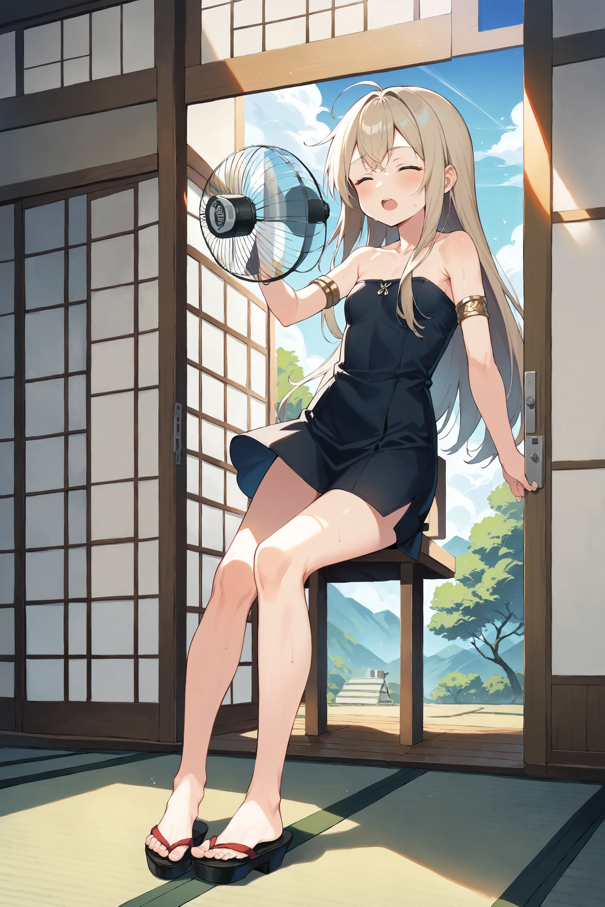 score_max, (score_9, score_8_up, score_7_up:1.2), score_6_up, official_art,
, masterpiece, absurdres, high detail, uhd, tatami, veranda, low woods, sky, sunshine, summer, wind,
sitting wariza, electric fan, wind chime, closed eyes, open mouth, sweat,
solo, u-511 \(pump\), long hair, black dress, short dress, strapless dress, bare shoulders, bare legs, bare foot, armlet, thighlet,
<lora:XL_Pony_kancolle-u511(pump)-t2-000030:0.9>
