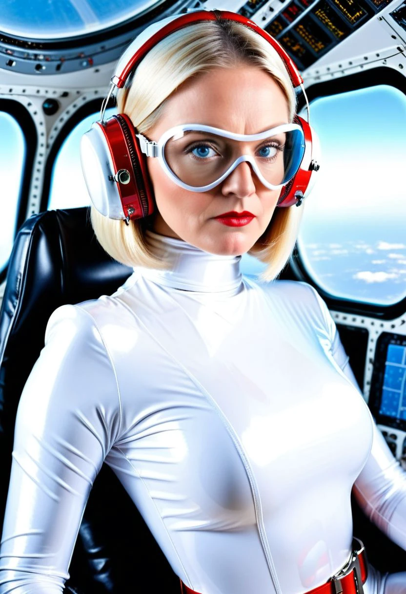 Ellie, alone, 40-year-old woman, white headphones, centre-parting straight shoulder-length bob, fair-skinned, bottle-blonde hair, blue eyes, wearing white transparent safety goggles, pilot, metallic white highneck catsuit with red gloves and red collar, red belt, normal breasts, slim body, neutral facial expression, sitting slightly-side-on, both arms slightly-outstretched, facing camera, in spaceship cockpit with window showing sky, sitting on black pilot chair, upper body photo, hyperdetailed photography