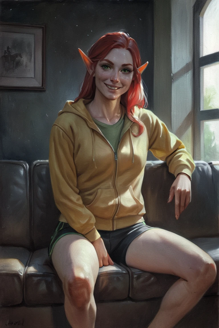 masterpiece, best quality, hi res, newest, traditional media, realistic, elf, pointy ears, red hair, long hair, green eyes, yellow hoodie, bike shorts, smile, 1girl, solo, looking at viewer, cowboy shot, sitting, on couch, couch, indoors, living room <lora:Green Patina Style LoRA_SeaArt Furry XL 1.0:0.7>