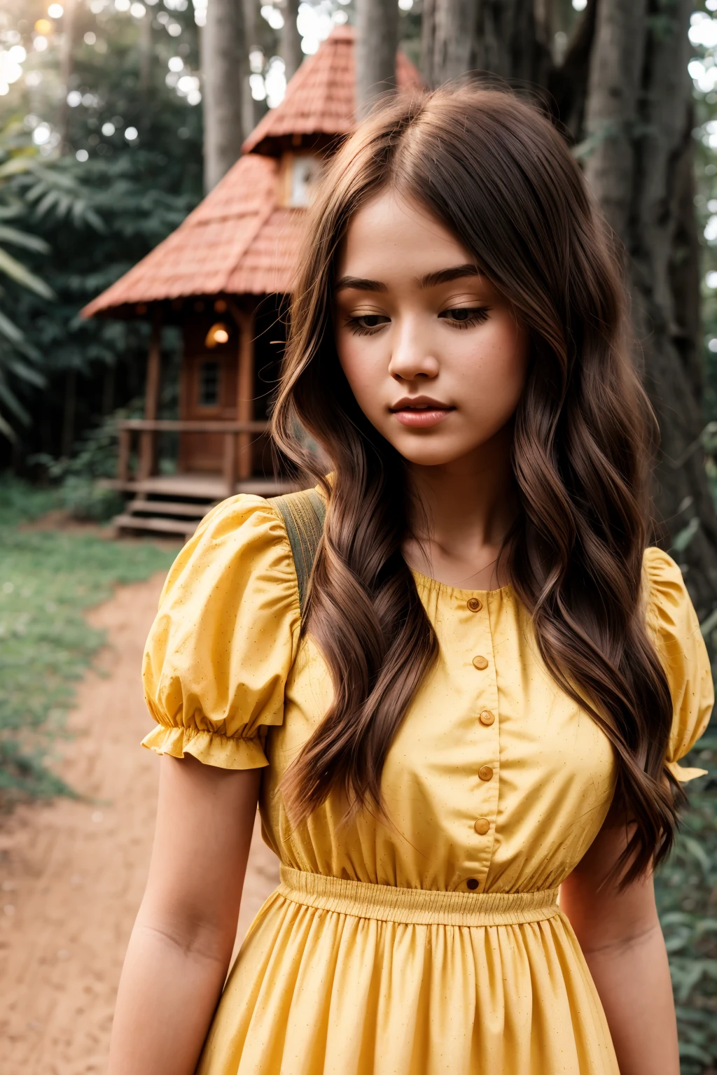 texture cinematic photo young woman in Baby Yellow chmdrss, full body view, Auburn very long hair, Treehouse Villages <lora:Charming dress v1.07:1> . 35mm photograph, film, bokeh, professional, 4k, highly detailed top down close-up