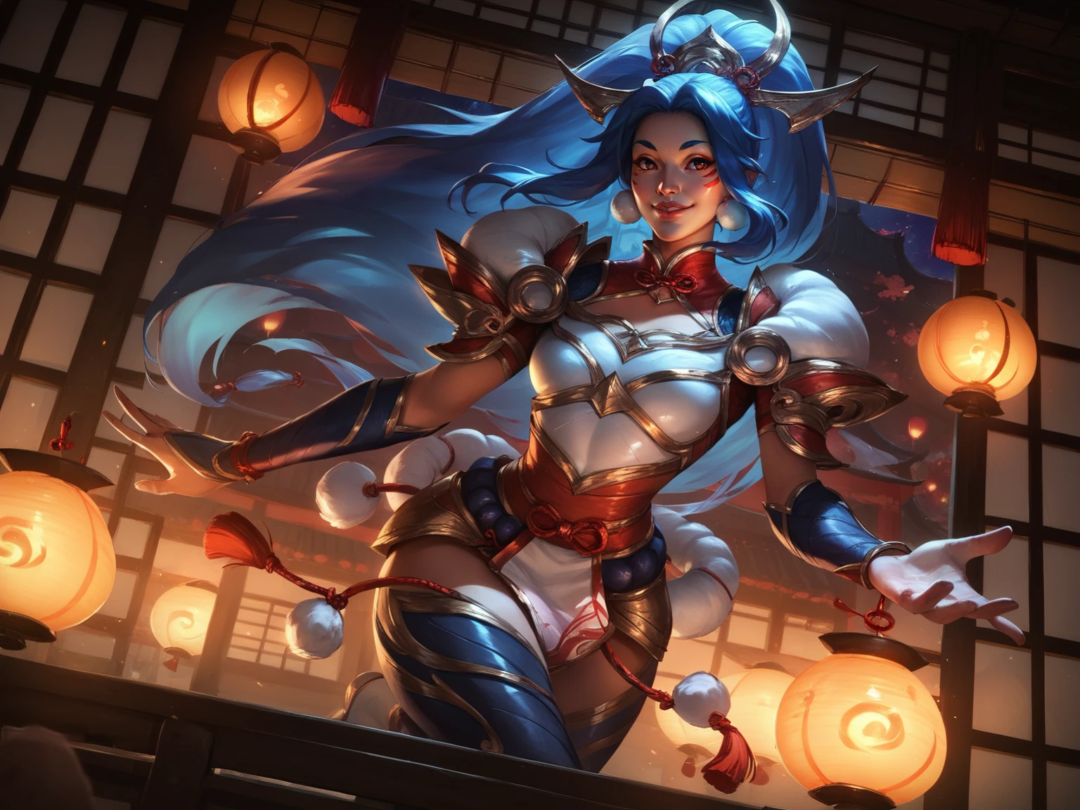 1girl, alternate costume, armor, blue hair, east asian architecture, indoors, lips, long hair, night, smile, solo, <lora:LeagueOfLegendsV4:0.8>, score_8_up, score_7_up