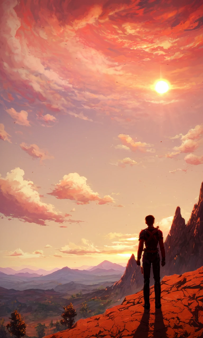 score_9, score_8_up, score_7_up, score_6_up, score_5_up, score_4_up, eldenscene, scenery, 1boy, standing, outdoors, sky, cloud, glowing, cloudy sky, building, scenery, 1other, science fiction, sunset, mountain, sun, red theme, ambiguous gender, spacecraft, red sky