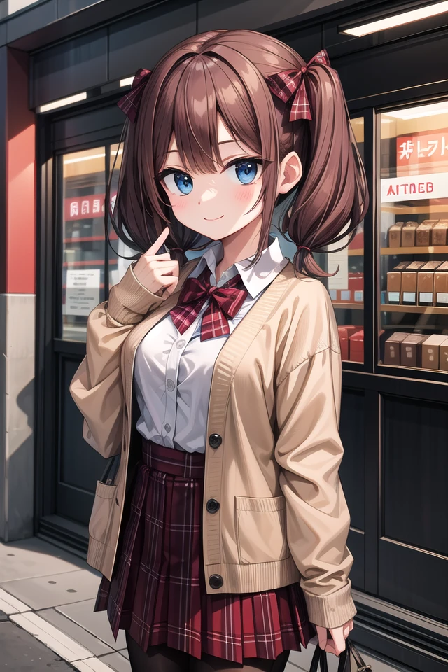 insanely detailed, absurdres, ultra-highres, ultra-detailed, best quality,
1girl, solo, nice hands, perfect hands
BREAK
(School Uniforms:1.2), (pink cardigan is fit body:1.4), ((do up a buttons, not loose):1.5), ((long sleeve, sleeves past wrists):1.2), (inner wear is white collared-shirt:1.3), (red plaid-pattern bow:1.3), (red plaid-pattern pleated skirt:1.3), ((dark-brown pantyhose, loafers):1.2)
BREAK
(nsfw:-1.5)
BREAK
happy smile, laugh, closed mouth
BREAK
,
standing, cowboy shot, looking at viewer
BREAK
slender, kawaii, perfect symmetrical face, ultra cute girl, ultra cute face, ultra detailed eyes, ultra detailed hair, ultra cute, ultra beautiful
BREAK
in street, cityscape in harajuku, depth of field, ultra detailed background
BREAK
medium large breasts
BREAK
hime cut, (low twintails:1.3), messy hair, medium hair, (red brown hair, dark blue eyes:1.3)
<lora:eyecolle_torenia_v100:0.5> <lora:eyecolle_nadeshiko_v100:0.5>