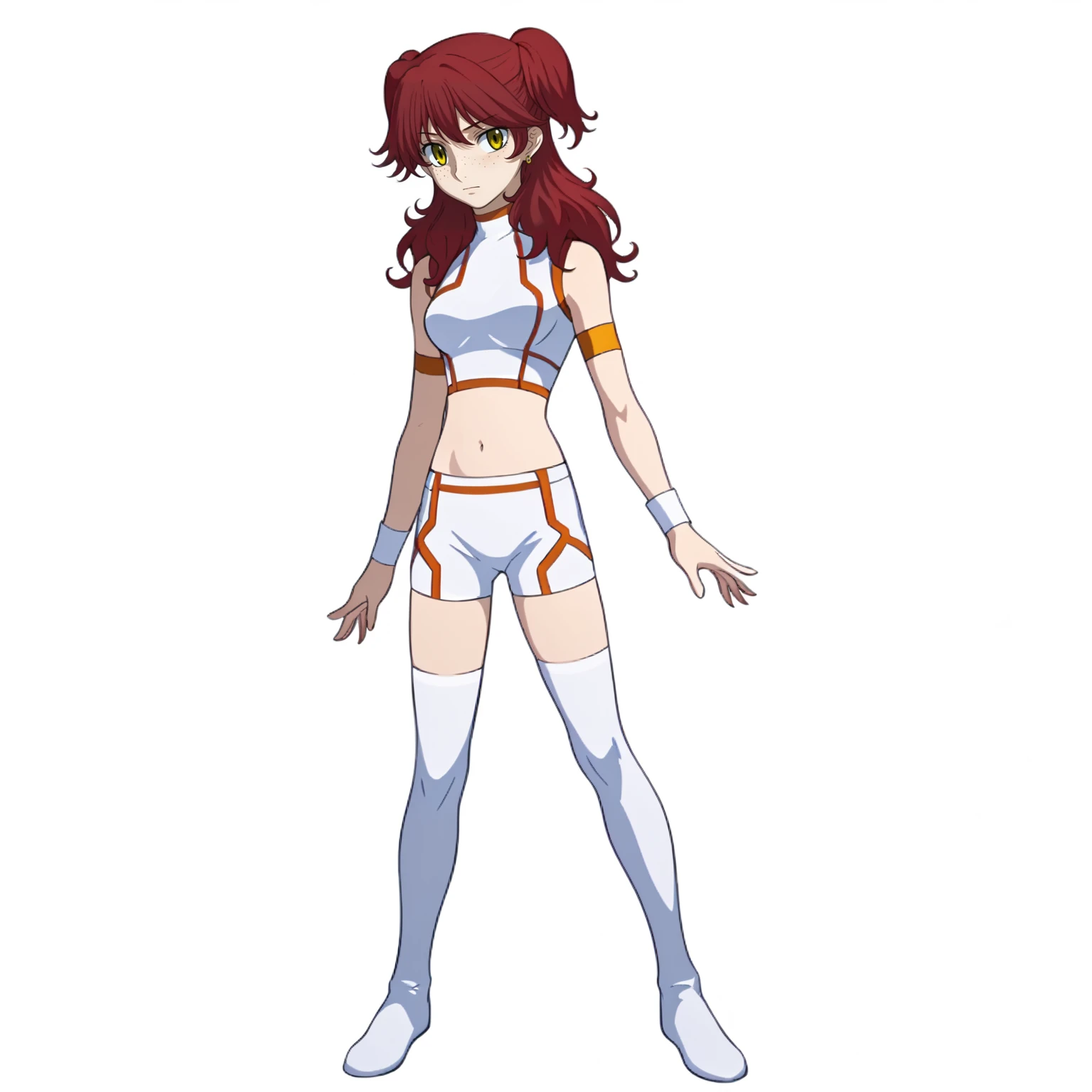 <lora:NenaTrinityXLpony006>,
solo,
NenaTrinity,1girl,
long hair,two side up,red hair,earrings,freckles,yellow eyes,
white bodysuit,midriff,sleeveless,
armband,
shorts,
white_thighhighs,
full body,standing,