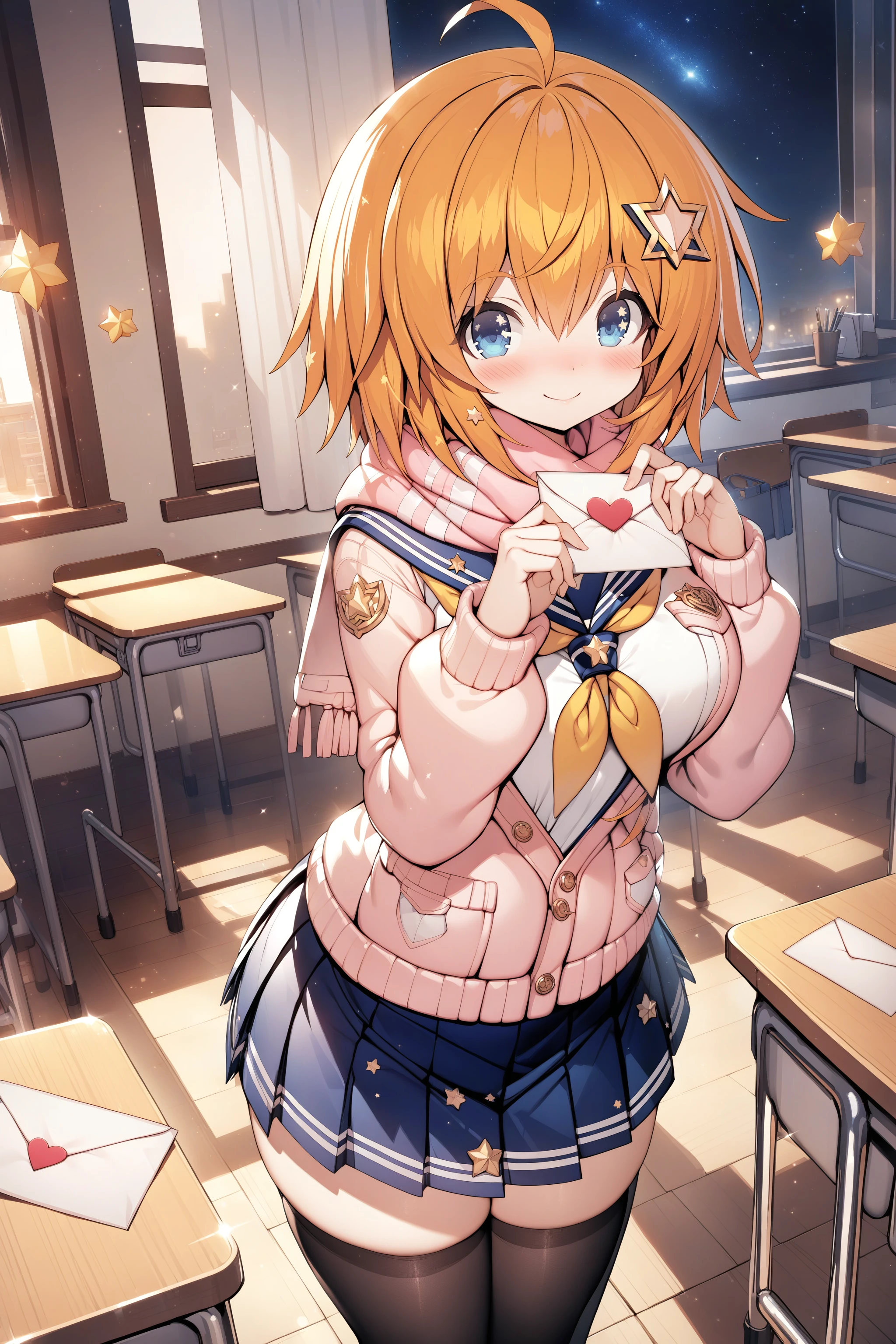 , masterpiece, absurdres, high detail, official art, 8k,
classroom, desk, curtains, window, night, starry sky,
standing, holding letter, love letter, light smile, blush,
, tkle, orange hair, short hair, star hair ornament, serafuku, sailor collar, long sleeves, pale pink jacket, pink scarf, yellow neckerchief, blue skirt, pleated skirt, black thighhighs, rofar
<lora:XL_Animagine_uchihime-twinkle-t1:0.9>