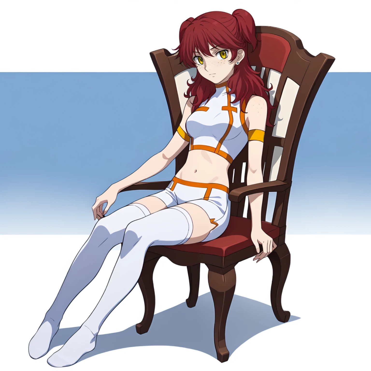 <lora:NenaTrinityXLpony006>,
solo,
NenaTrinity,1girl,
long hair,two side up,red hair,earrings,freckles,yellow eyes,
white bodysuit,midriff,sleeveless,
armband,
shorts,
white_thighhighs,
full body,sitting,chair,