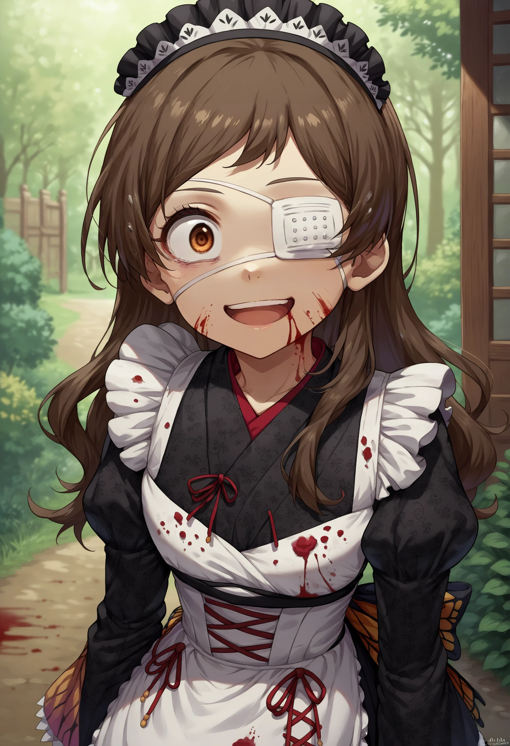 score_9, score_8_up, source_anime, 1girl, solo, KitazawaEyepatch, eyepatch, wa maid, maid headdress, maid apron, japanese clothes, wide eyes, smile, :d, crazy, blood on clothes, blood on face, <lora:ChamKitazawaShihoPonyXL-000007:1>