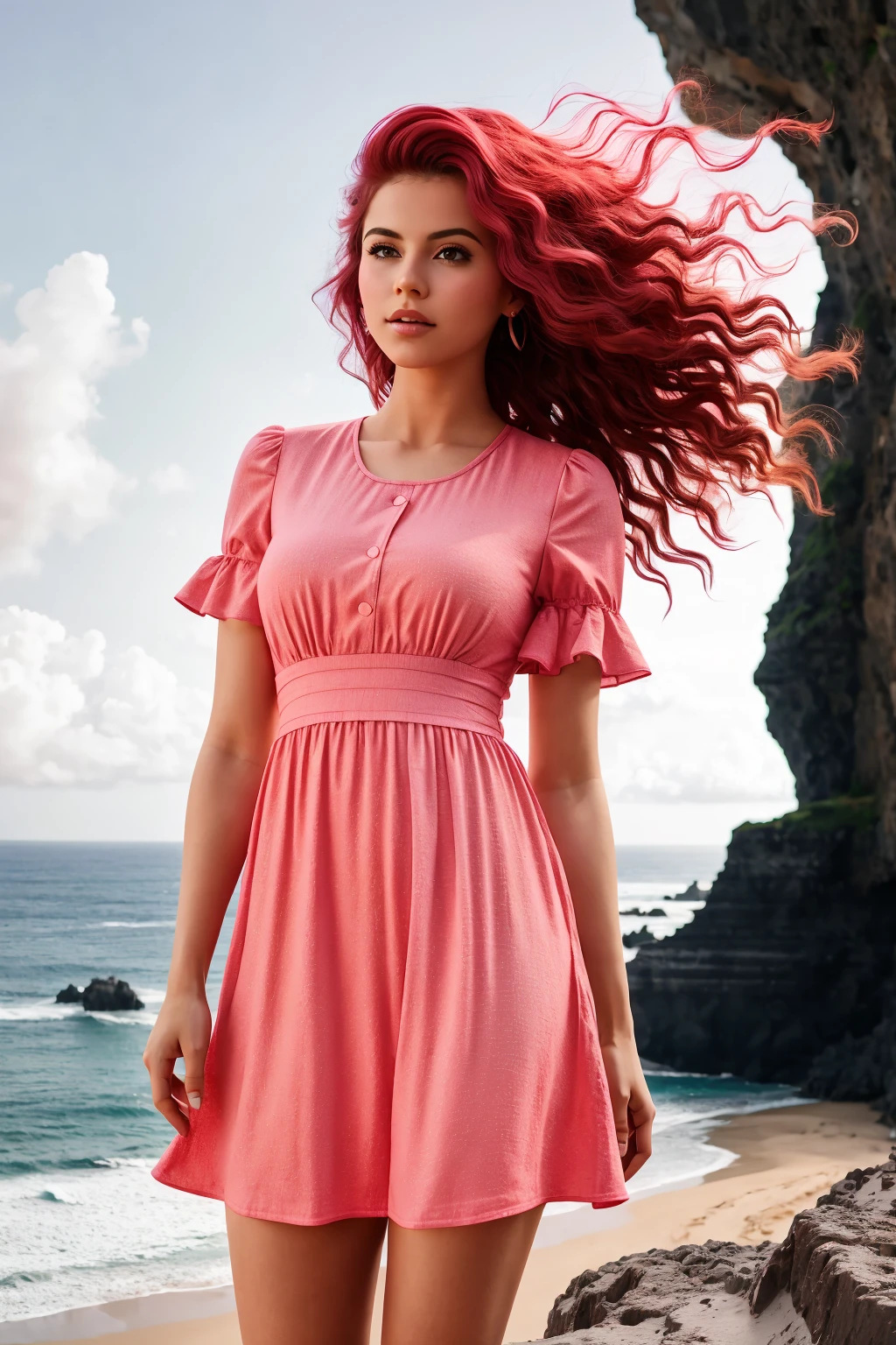 texture cinematic photo young woman in Carnation Pink chmdrss, full body view, Red big hair, Aerial Views of Ocean Cliffs <lora:Charming dress v1.07:1> . 35mm photograph, film, bokeh, professional, 4k, highly detailed top down close-up