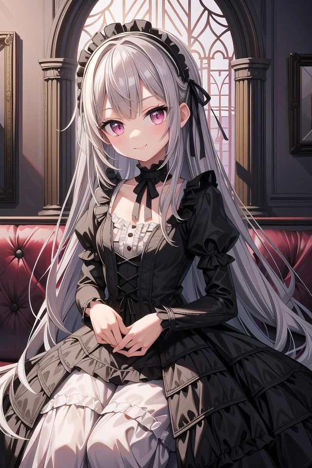 ((masterpiece:1.4, best quality)), ((masterpiece, best quality)),
one girl, cute girl, silver hair, long hair, pink eyes, smile, black gothic dress, white frill, hair dress,
indoors, castle, gothic, cute pose