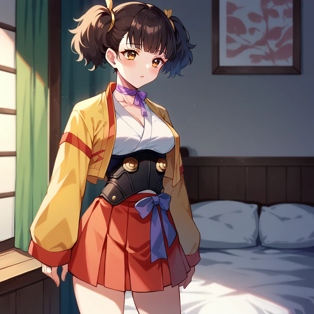 score_9,score_8_up,score_7_up,score_6_up,  <lora:Mumei - Koutetsujou no Kabaneri-000003:1>, 1girl, standing, bedroom, bed, medium breasts, "KabaneriMumei,short hair,brown eyes,ribbon choker,purple ribbon,Yellow Kimono,twintails,corset,red skirt,long sleeves,japanese clothes,open clothes,hakama short skirt"