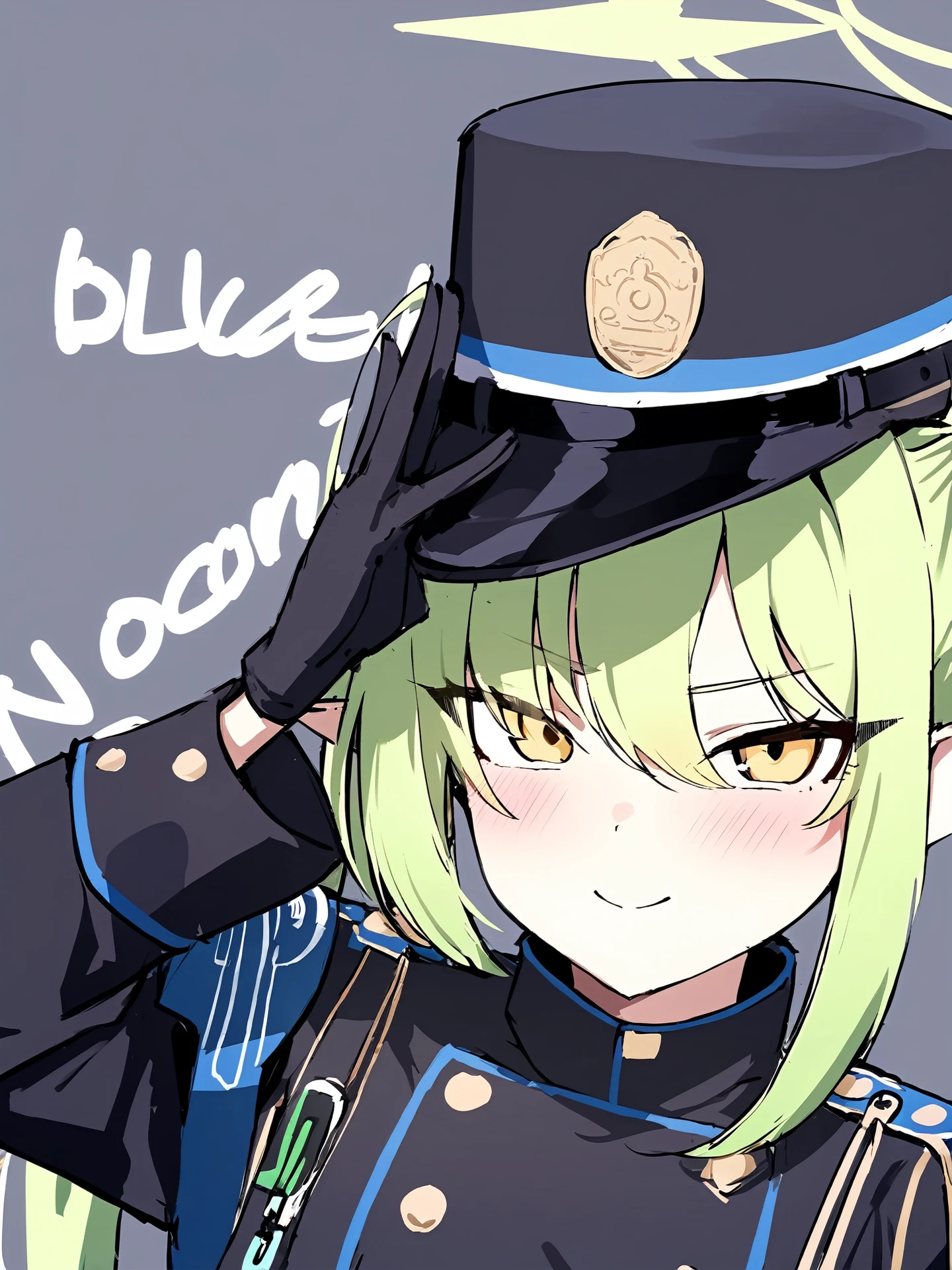 1girl,nozomi \(blue archive\), blue archive, solo, long hair, hat, green hair, pointy ears, halo, yellow eyes, peaked cap, jacket, black gloves, hand on own hip, closed mouth, hair over one eye, looking at viewer, brown necktie, large breasts, eyes visible through hair, smile, long sleeves, side ponytail, gloves, upper body, light green hair, character name, necktie, breasts, english text, blush, black headwear, white jacket,
masterpiece,best quality, newest, absurdres, safe <lora:eps_twin_fp8-000028:1>