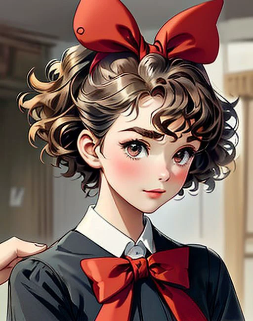 1girl, upper body, hair bow, face focus, curly short hair, red bow <lora:audery2:0.75>