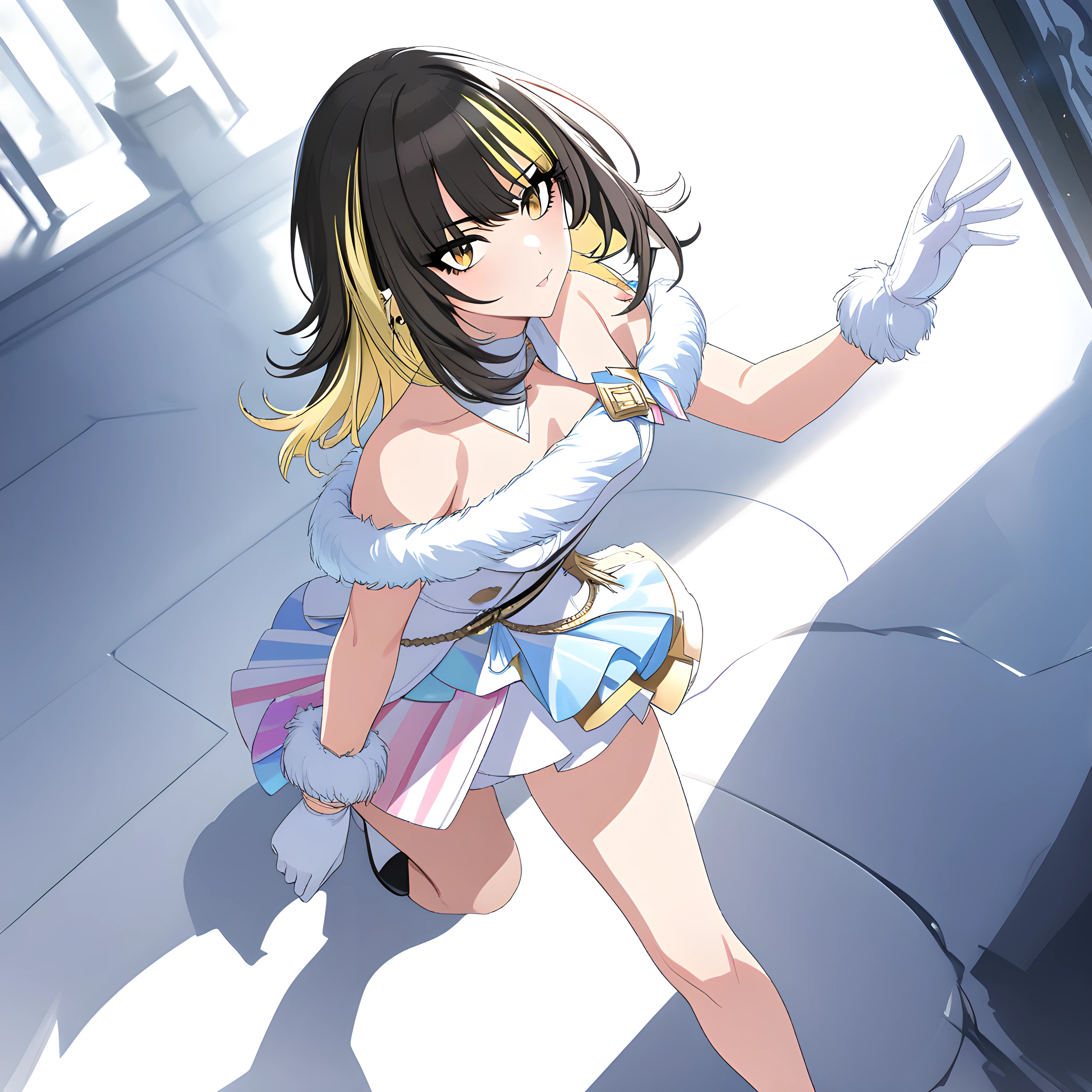 (masterpiece),(best quality),(ultra-detailed),(best illustration),(best shadow),(absurdres),(detailed background),(very aesthetic), luca ikaruga, idoloutfit, 1girl, blonde hair, solo, gloves, yellow eyes, black hair, multicolored hair, fur trim, white background, skirt <lora:Luca_Ikaruga__æé³©ã«ã«_-_The_Idolmster_Shiny_Colors__ã¢ã¤ãã«ãã¹ã¿ã¼_ã·ã£ã¤ãã¼ã«ã©ã¼ãº_SDXL_-_Animagine_XL_3.1:1>