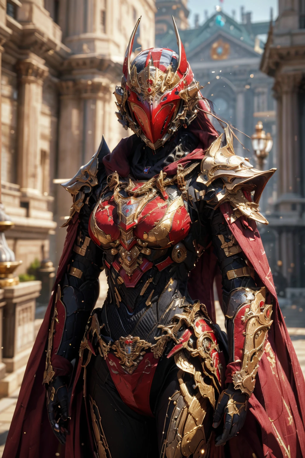 ((best quality)), absurdres, ((ultra high res)), ((masterpiece)), tech suit, mask, royal knight, royal palace, extremely detailed, <lora:techsuit:0.7>