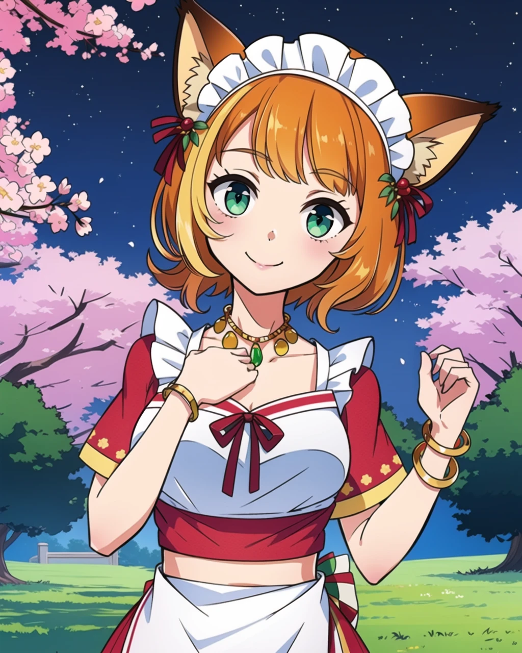 masterpiece, high quality, 1girl, walking, mgrckonomiharuna, green eyes, orange hair, upper body, medium shot, fox ears, maid headwear, golden necklace, red hair bows, red with white top, red bowtie, red with yellow striped skirt with apron, golden bracelets, green bowtie on back, outdoors, shrine, cherry blossoms, night, sky, stars, hands on chest, light smile, <lora:konomiharuna-04:0.75>