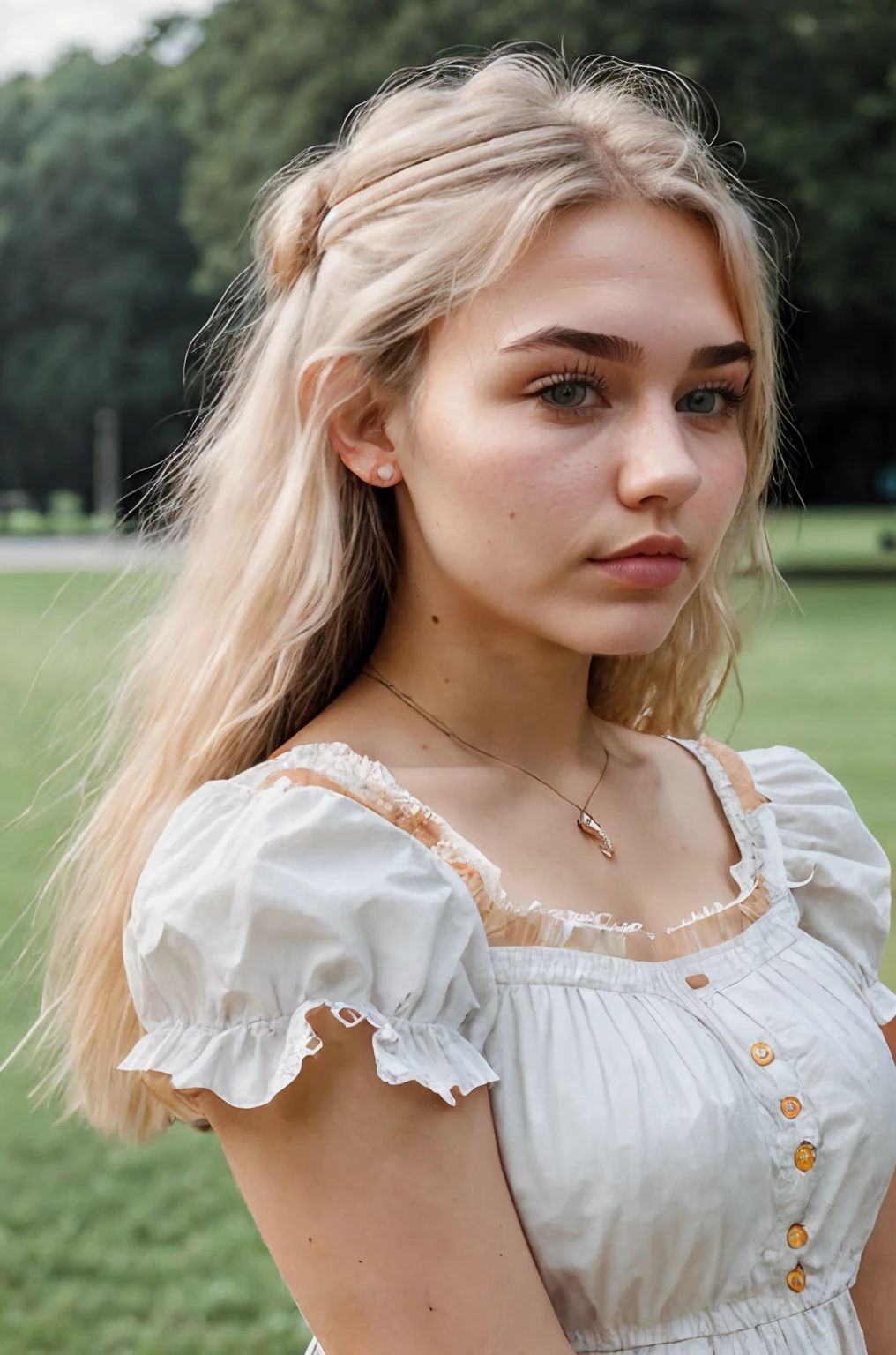neysasynth, realistic, woman, wearing a cotton dress, in the park