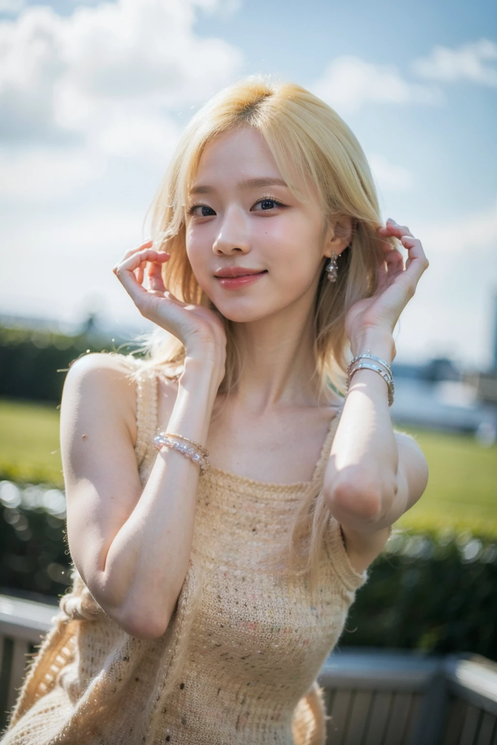 Best quality, masterpiece, ultra high res, (photorealistic), raw photo,1girl, skinny, upper body,solo, realistic, looking at viewer, bokeh background, outdoor, clouds, <lora:makina69_winter_v5.0.gold:1>, blonde hair, (smile:0.7), jewelry, bracelet