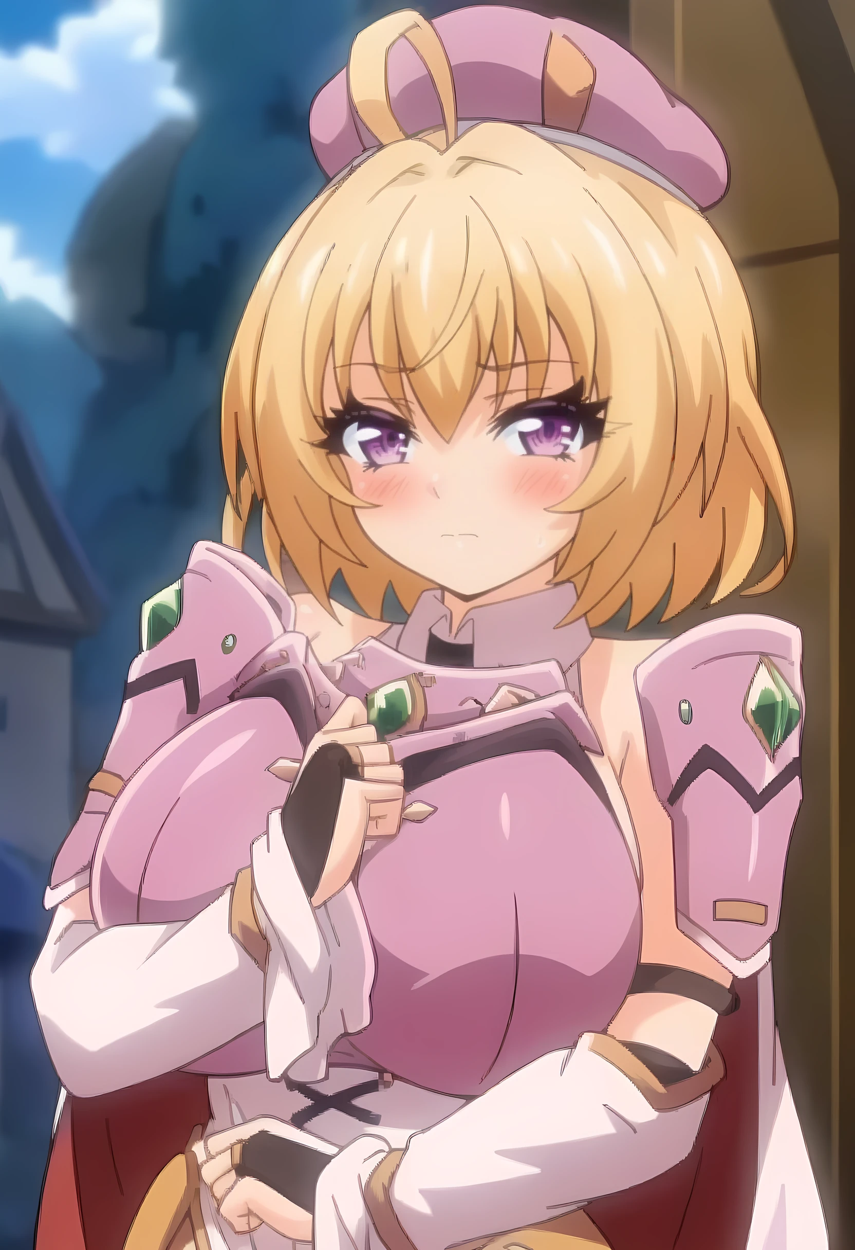 <lora:Yuusha-hime Miria:0.9> yuusha-hime miria, 1girl, blonde_hair, solo, short_hair, blush, breasts, large_breasts, , ahoge, purple_eyes, cape, armor, hat, bridal_gauntlets, detached_sleeves, looking at viewer, score_9, score_8_up, score_7_up, , anime coloring ,BREAK source_anime, anime